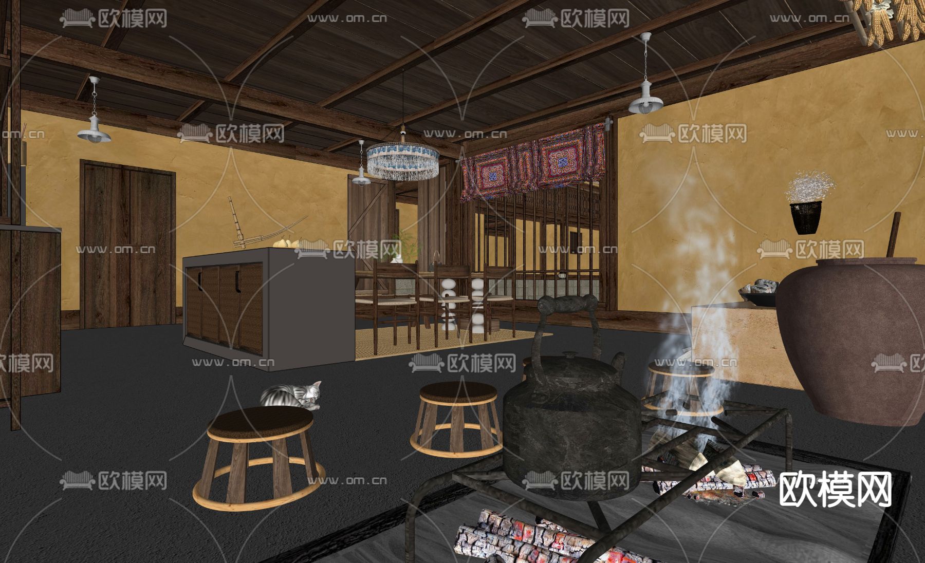 侘寂风民宿餐厅su模型下载（渲染图3）