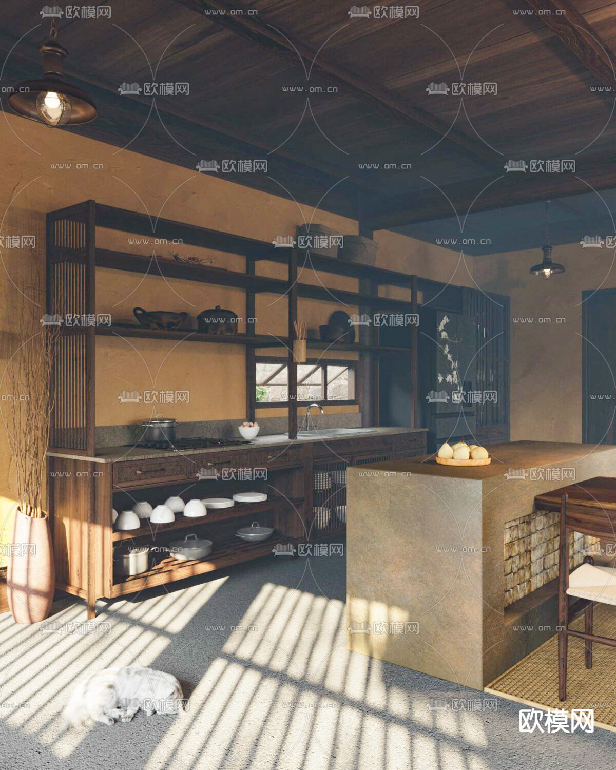 侘寂风民宿餐厅su模型下载（渲染图1）