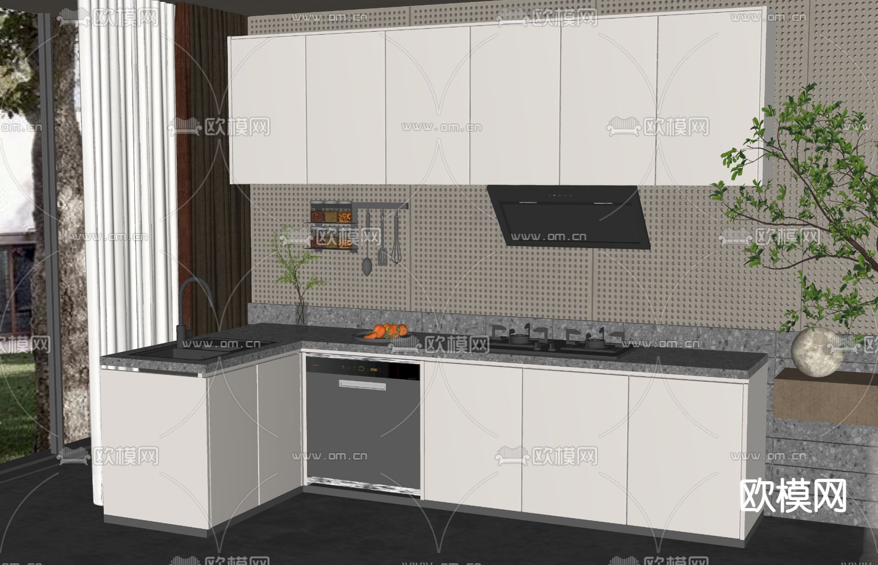转角橱柜 吊柜su模型下载（渲染图2）