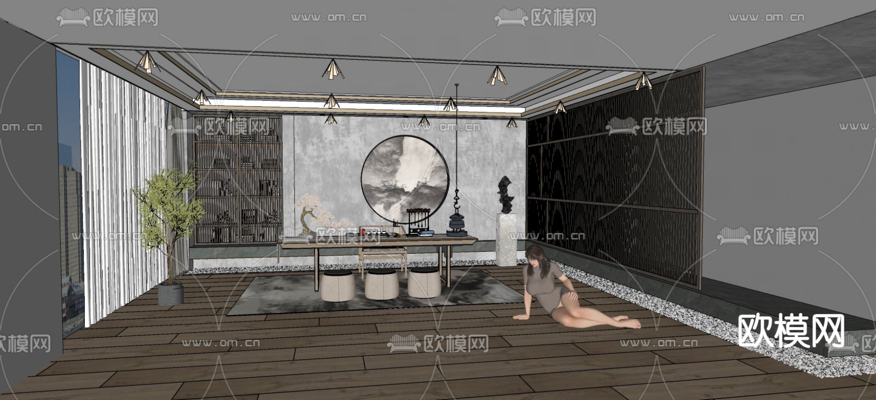 新中式茶室su模型下载（渲染图2）