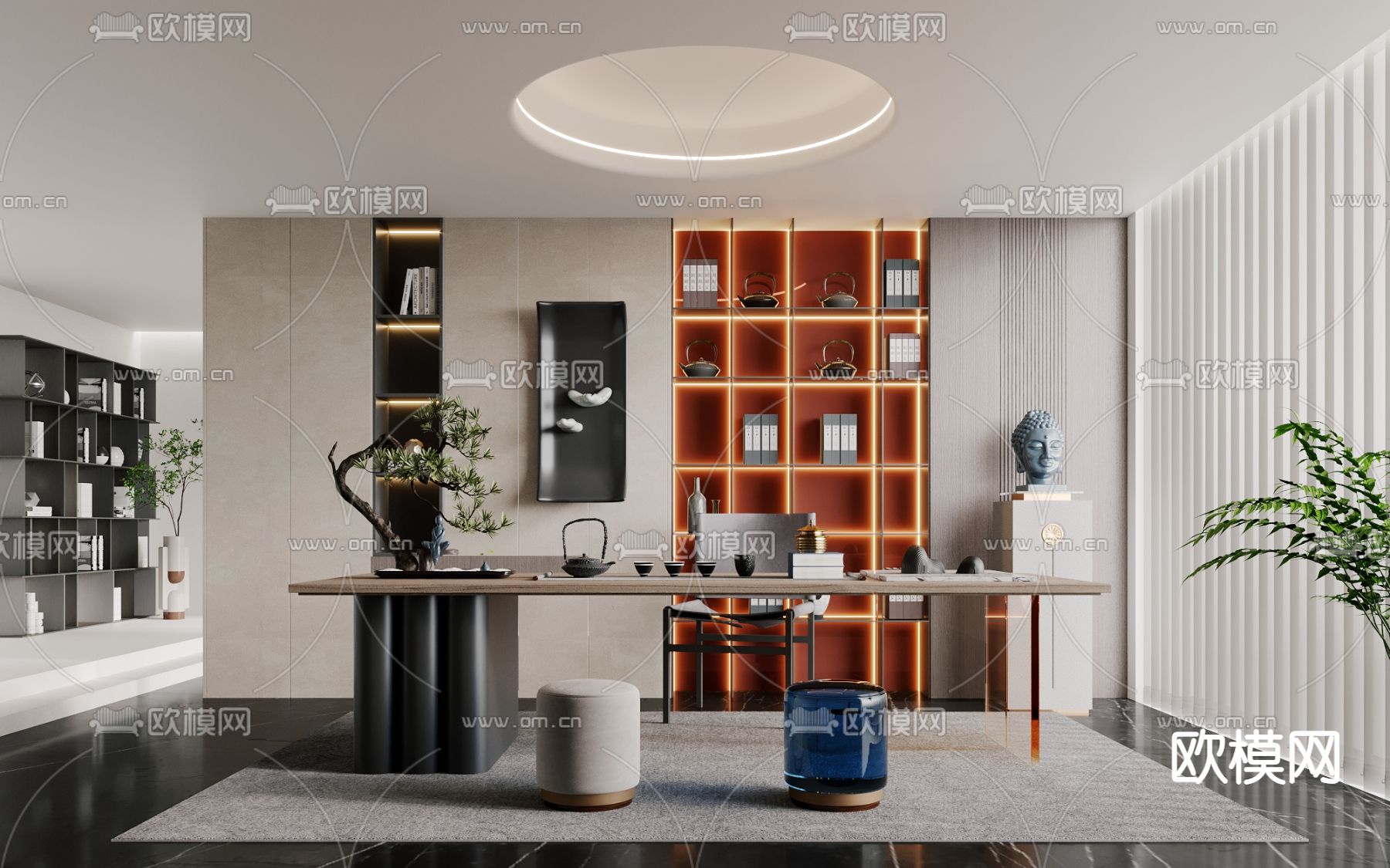 新中式书房su模型下载（渲染图1）