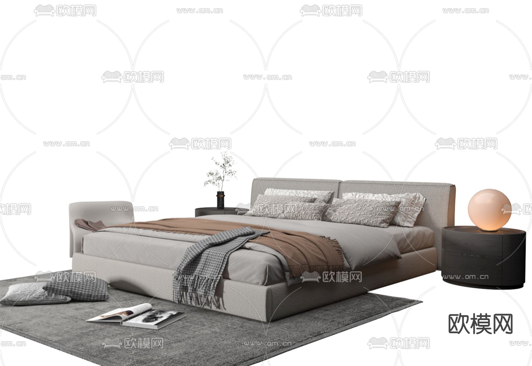 高级灰双人床3d模型下载（渲染图1）