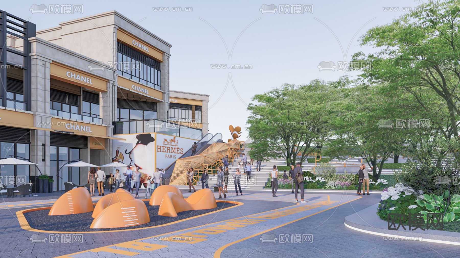 商业街景观su模型下载（渲染图1）