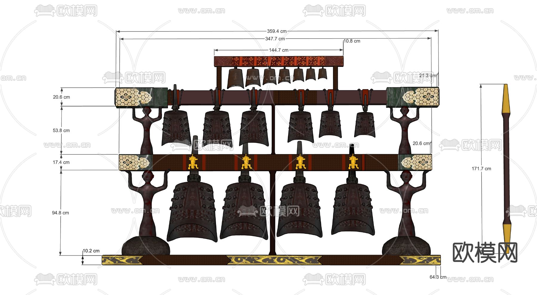 青铜钟 编钟su模型下载（渲染图1）