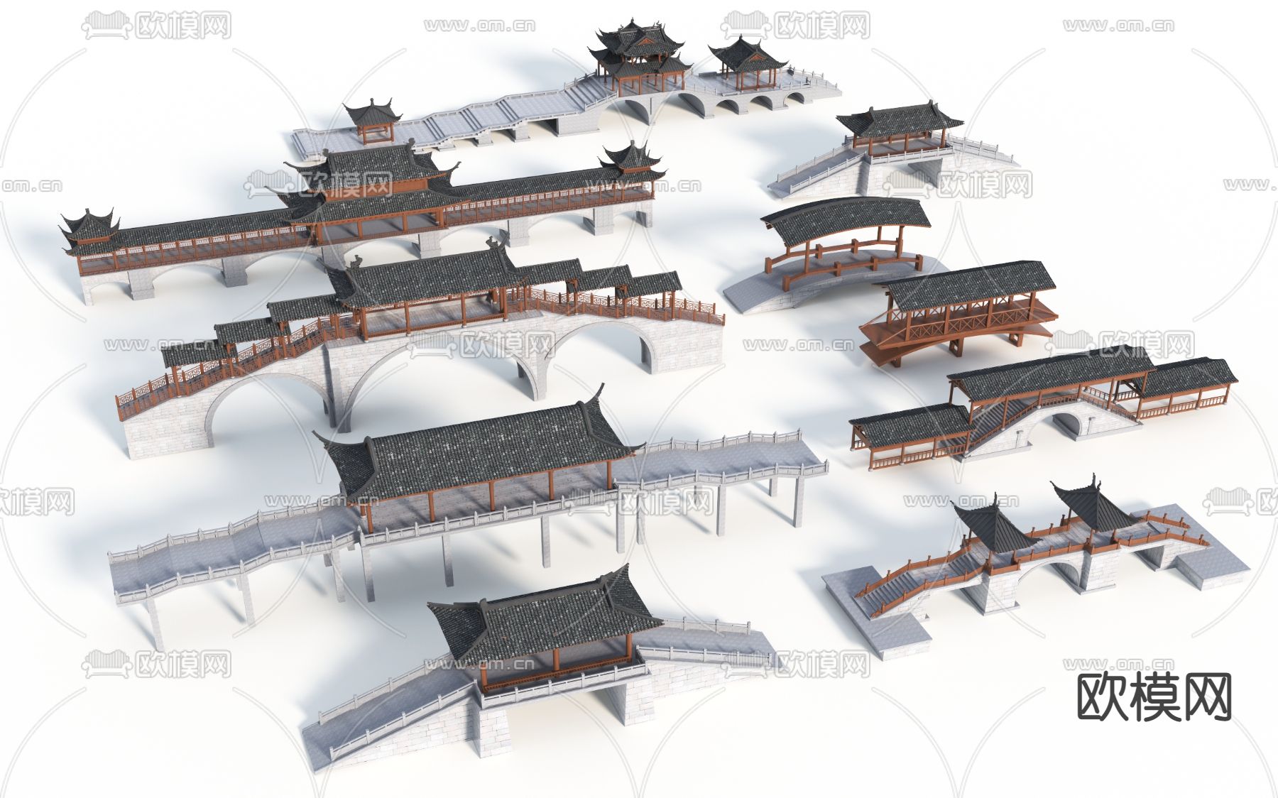 中式廊桥 桥上廊架 景观桥3d模型下载