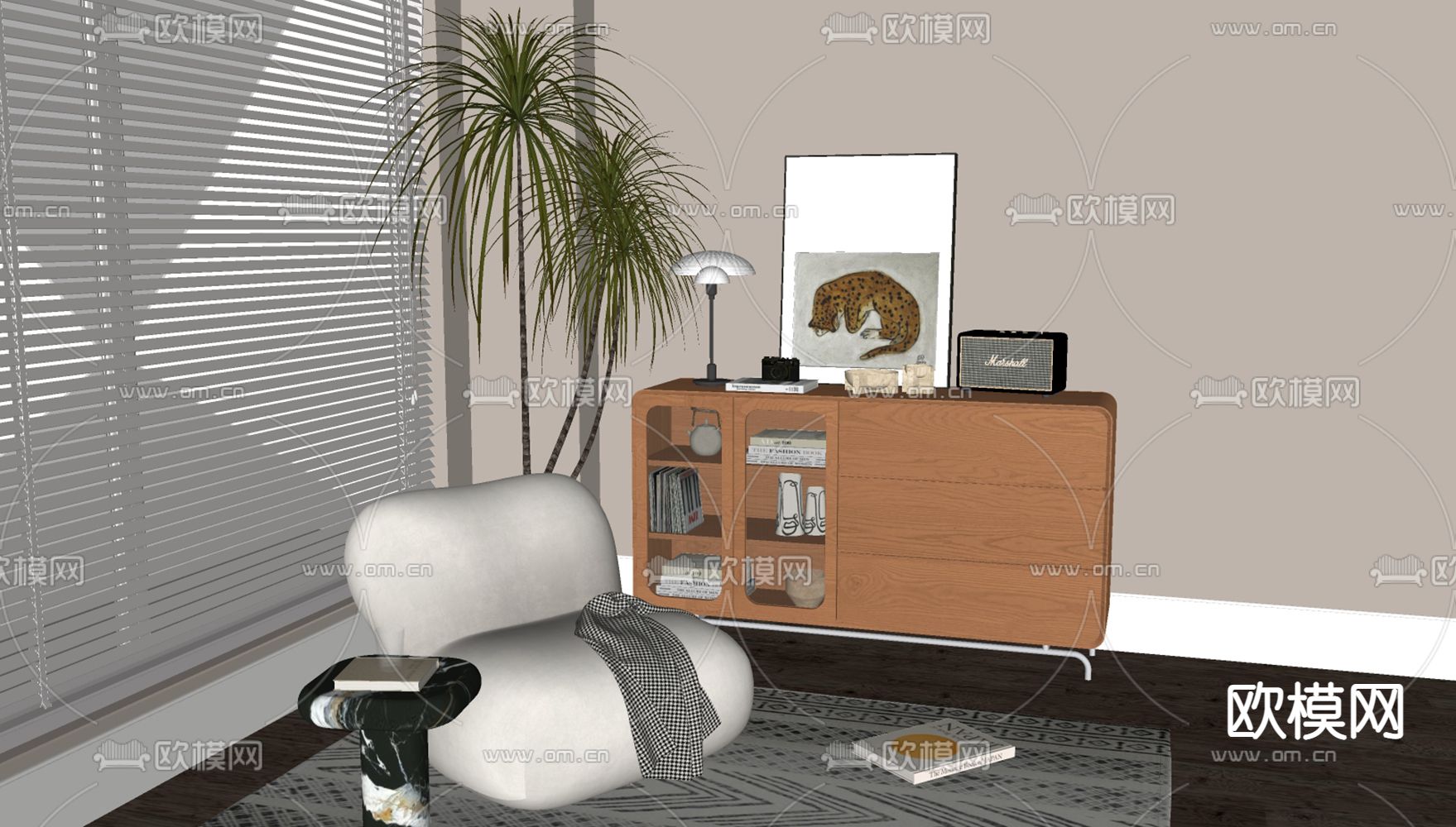 北欧风书柜 边柜su模型下载（渲染图3）