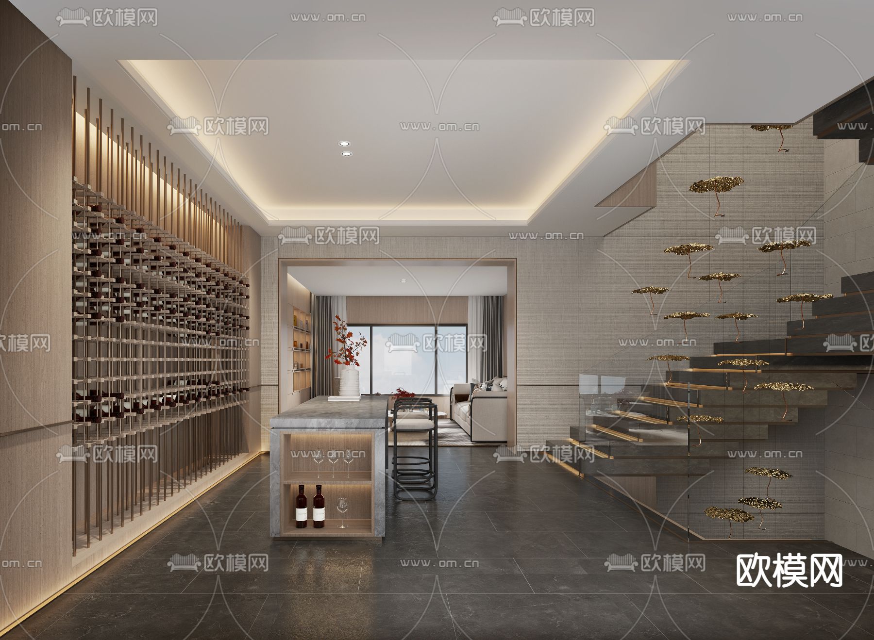 新中式藏酒室 品酒室su模型下载（渲染图1）