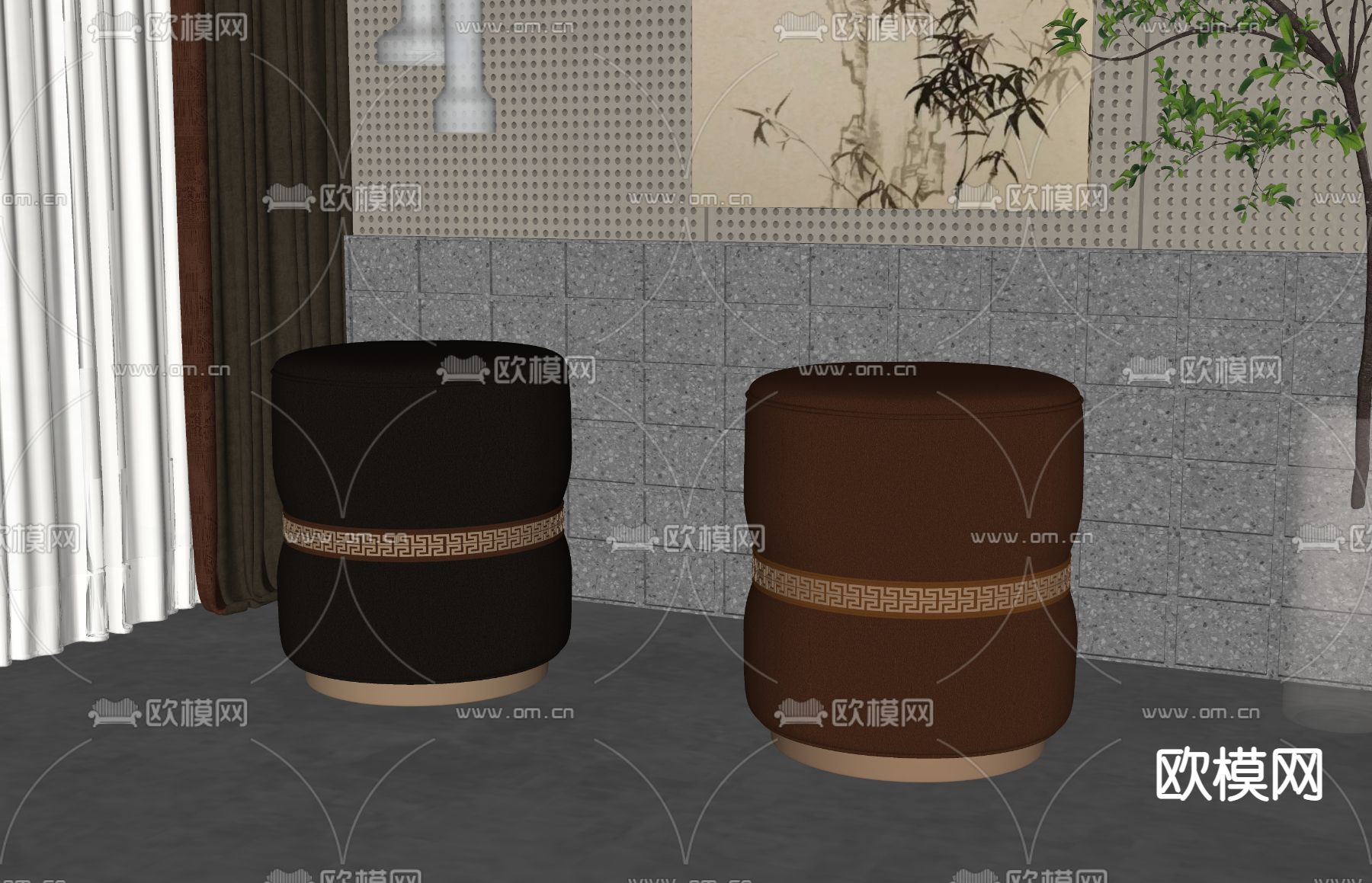 新中式沙发凳 圆凳su模型下载（渲染图2）