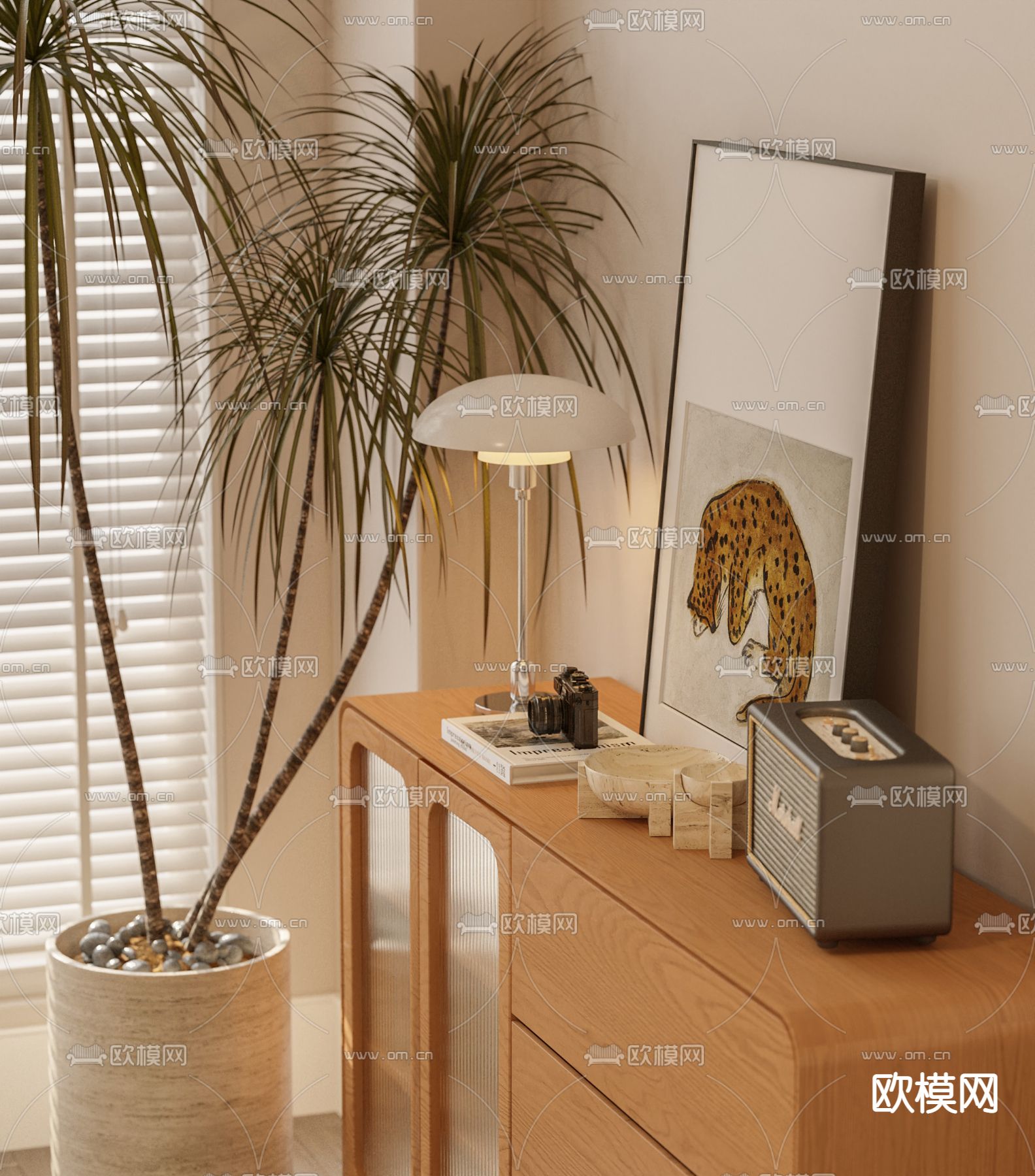 北欧风书柜 边柜su模型下载（渲染图2）