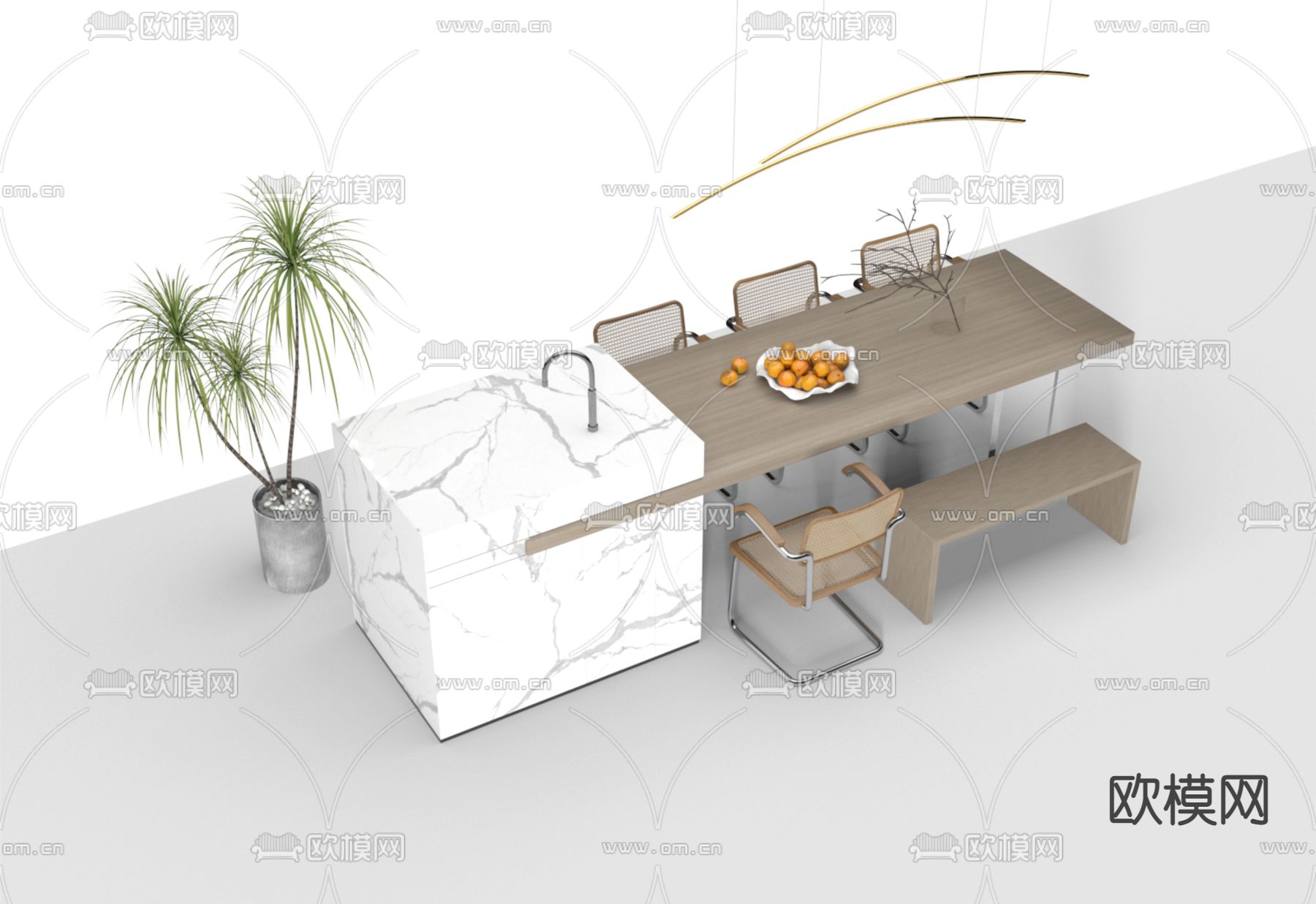 奶油风餐桌椅3d模型下载（渲染图2）