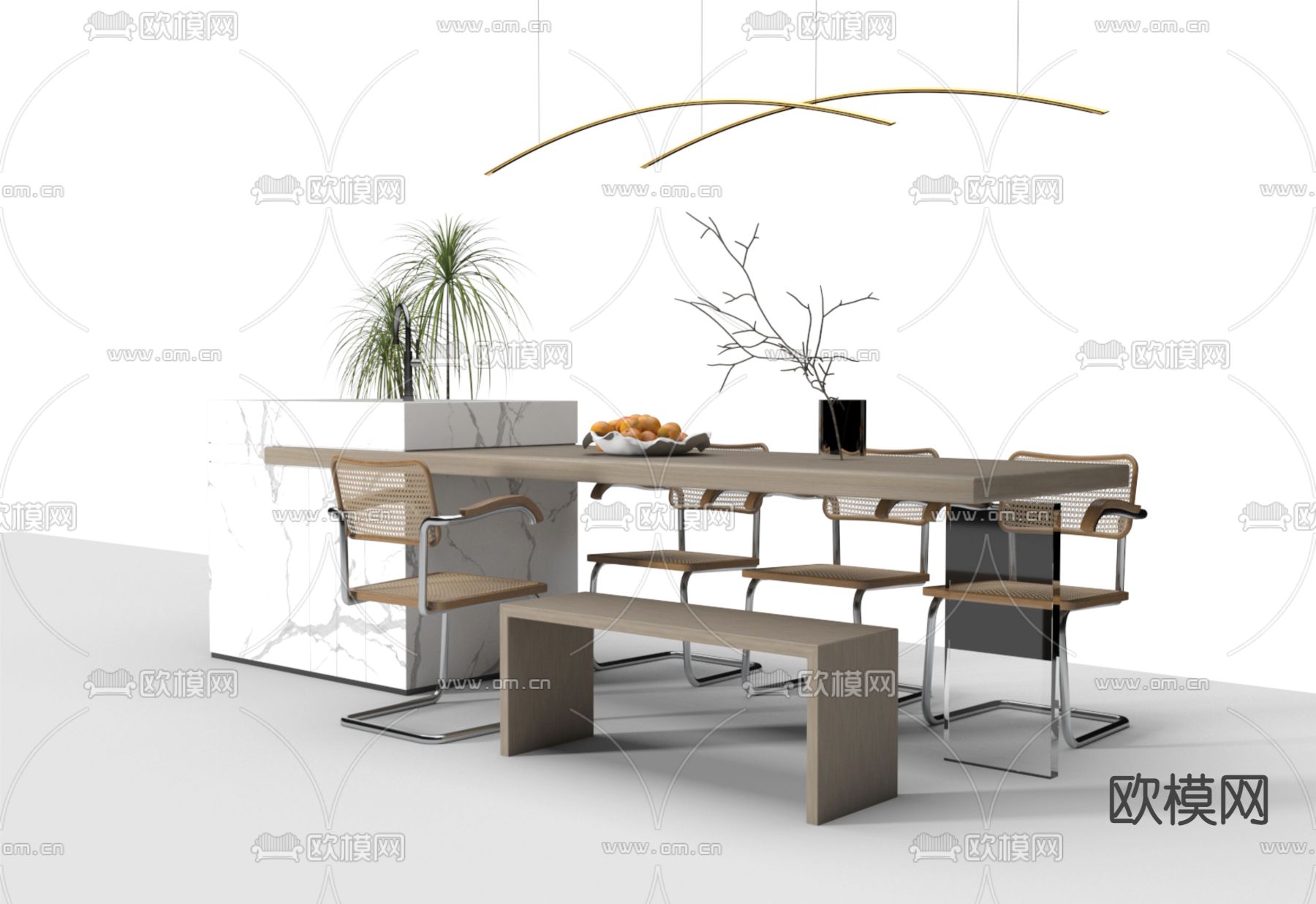 奶油风餐桌椅3d模型下载（渲染图1）