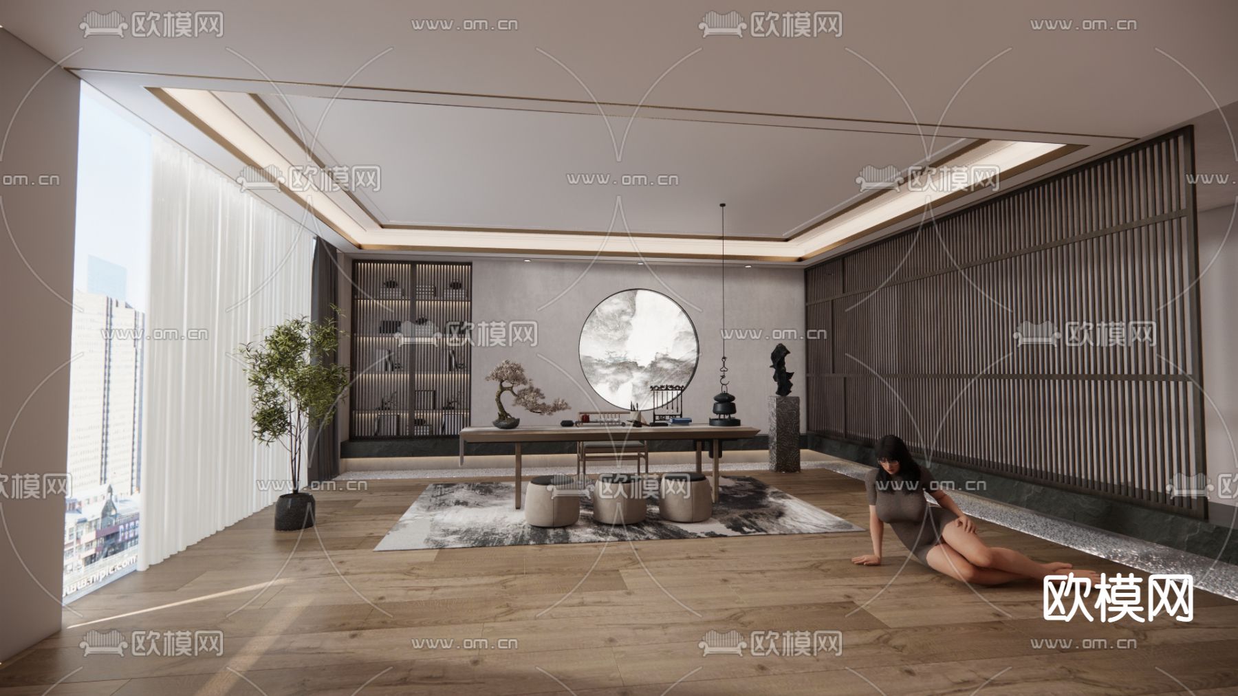 新中式茶室su模型下载（渲染图1）