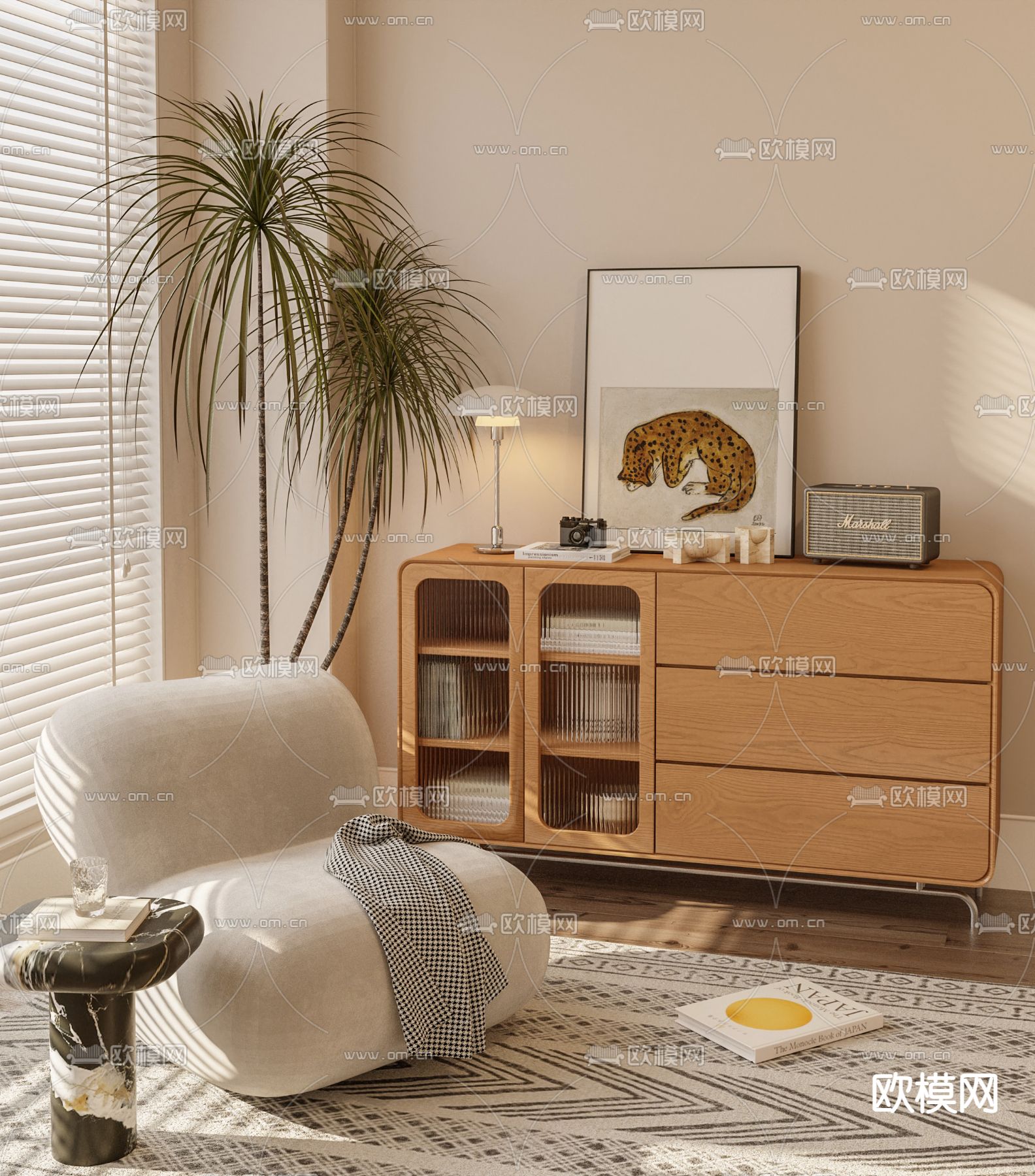 北欧风书柜 边柜su模型下载（渲染图1）