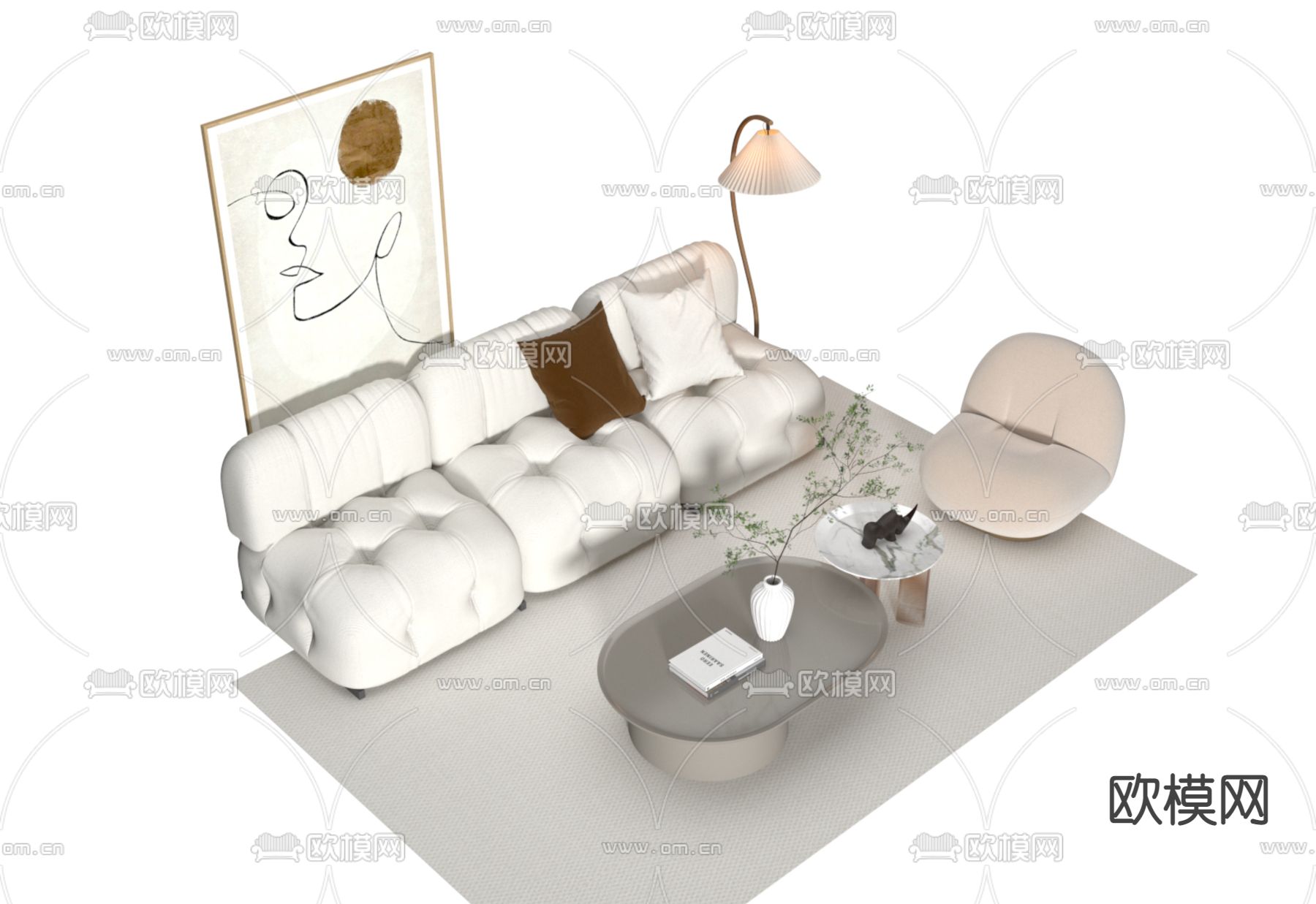 奶油组合沙发3d模型下载（渲染图1）