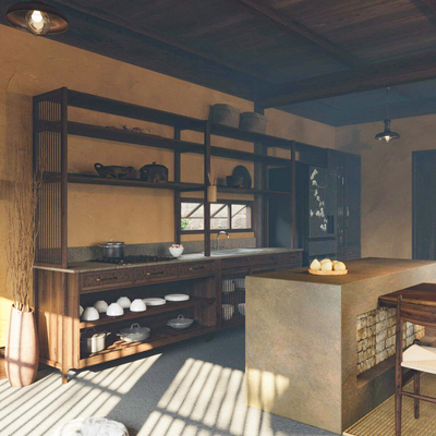  侘寂风民宿餐厅su模型 