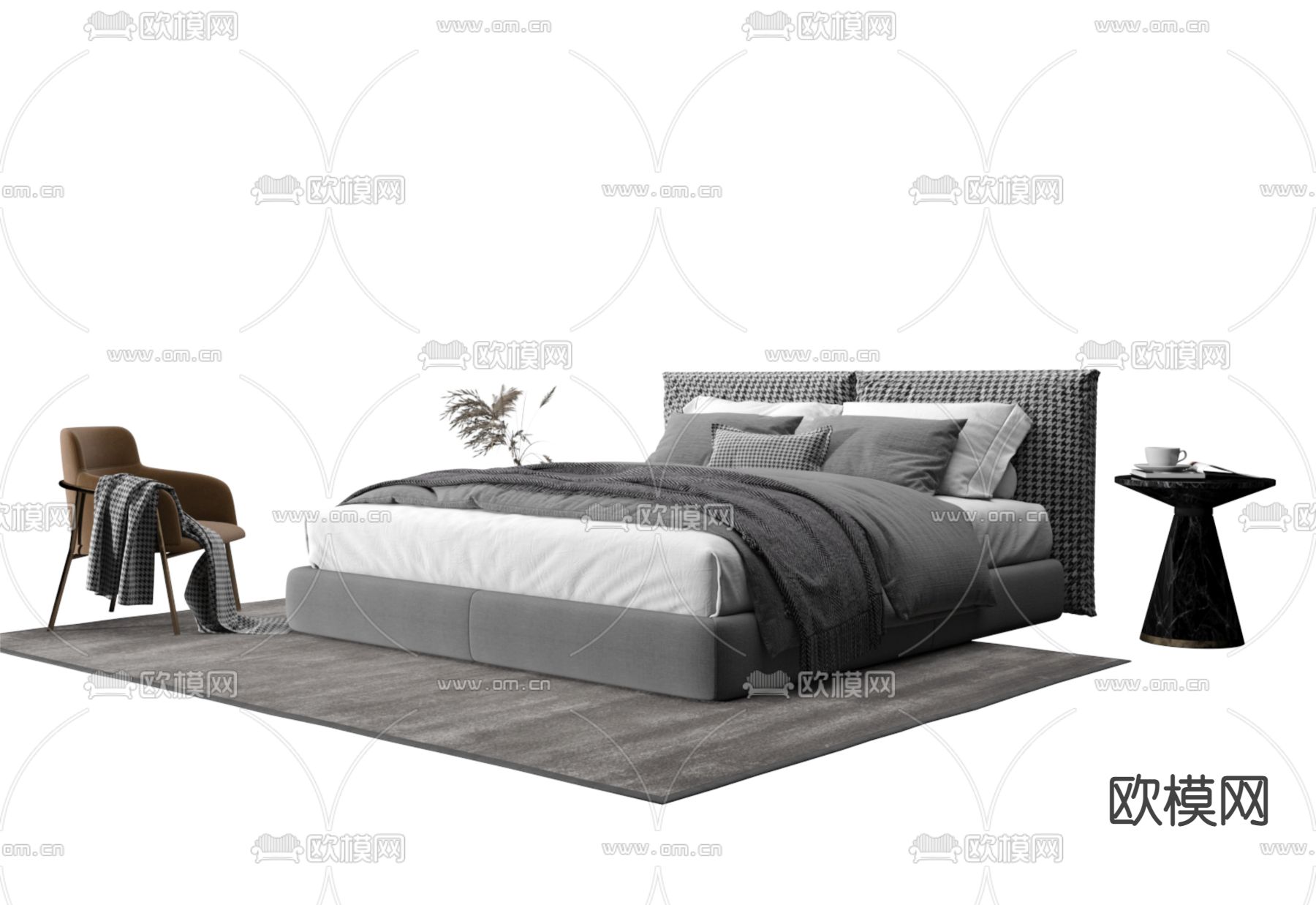 现代双人床3d模型下载（渲染图1）