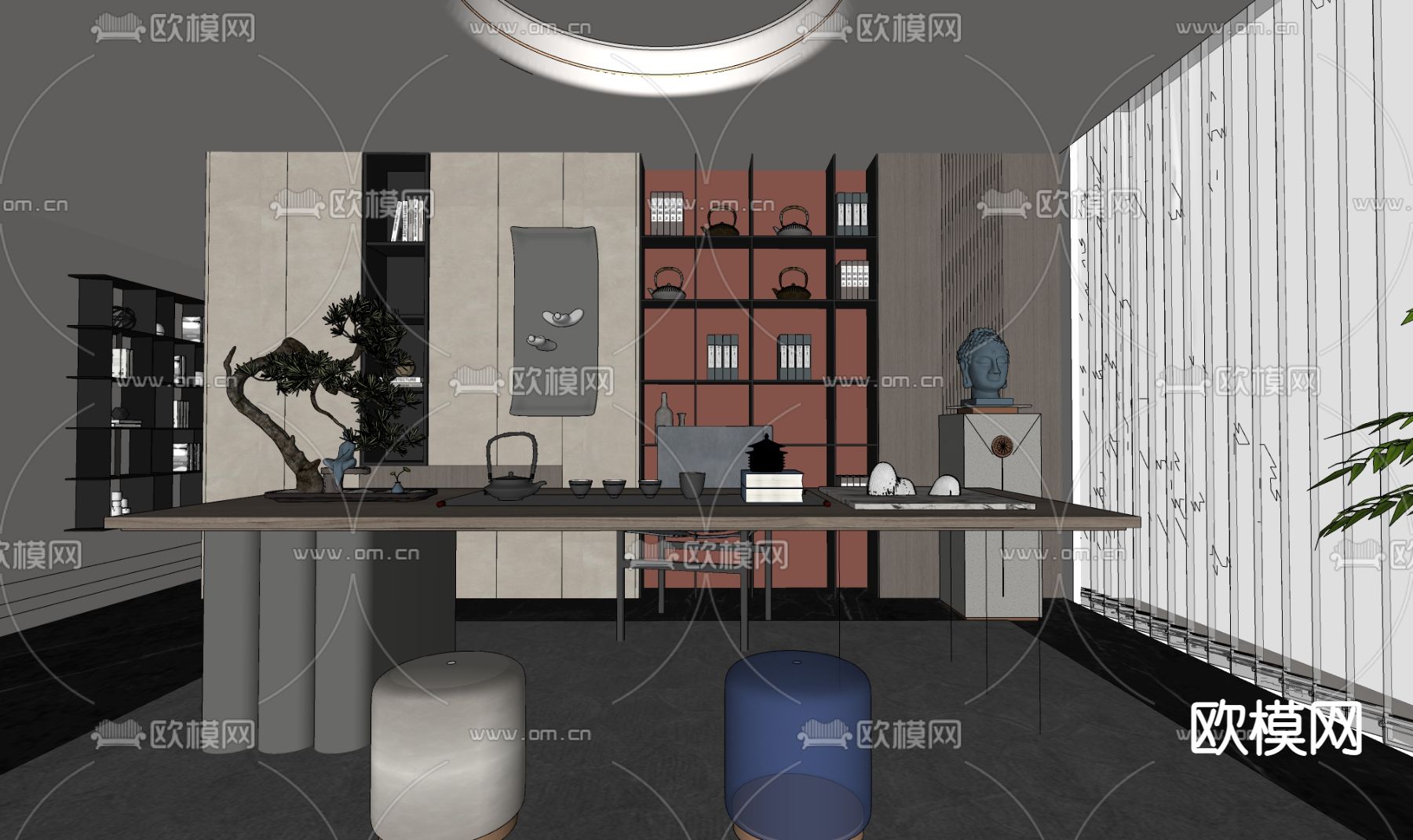 新中式书房su模型下载（渲染图2）