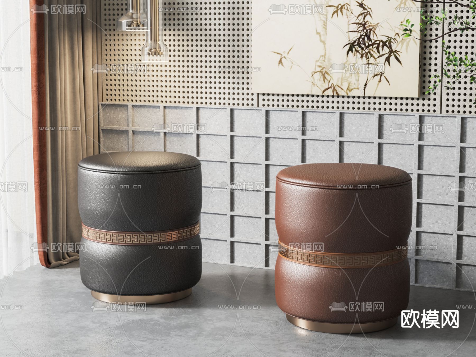 新中式沙发凳 圆凳su模型下载（渲染图1）