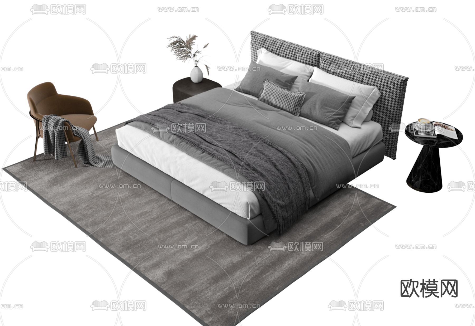 现代双人床3d模型下载（渲染图2）