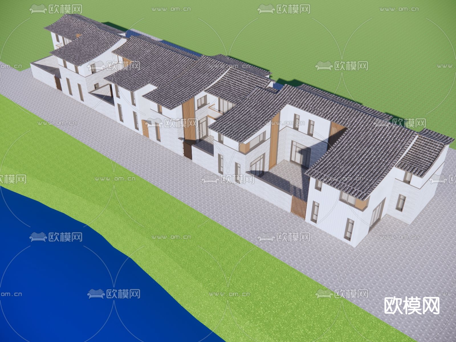 中式民宿建筑外观su模型下载（渲染图2）