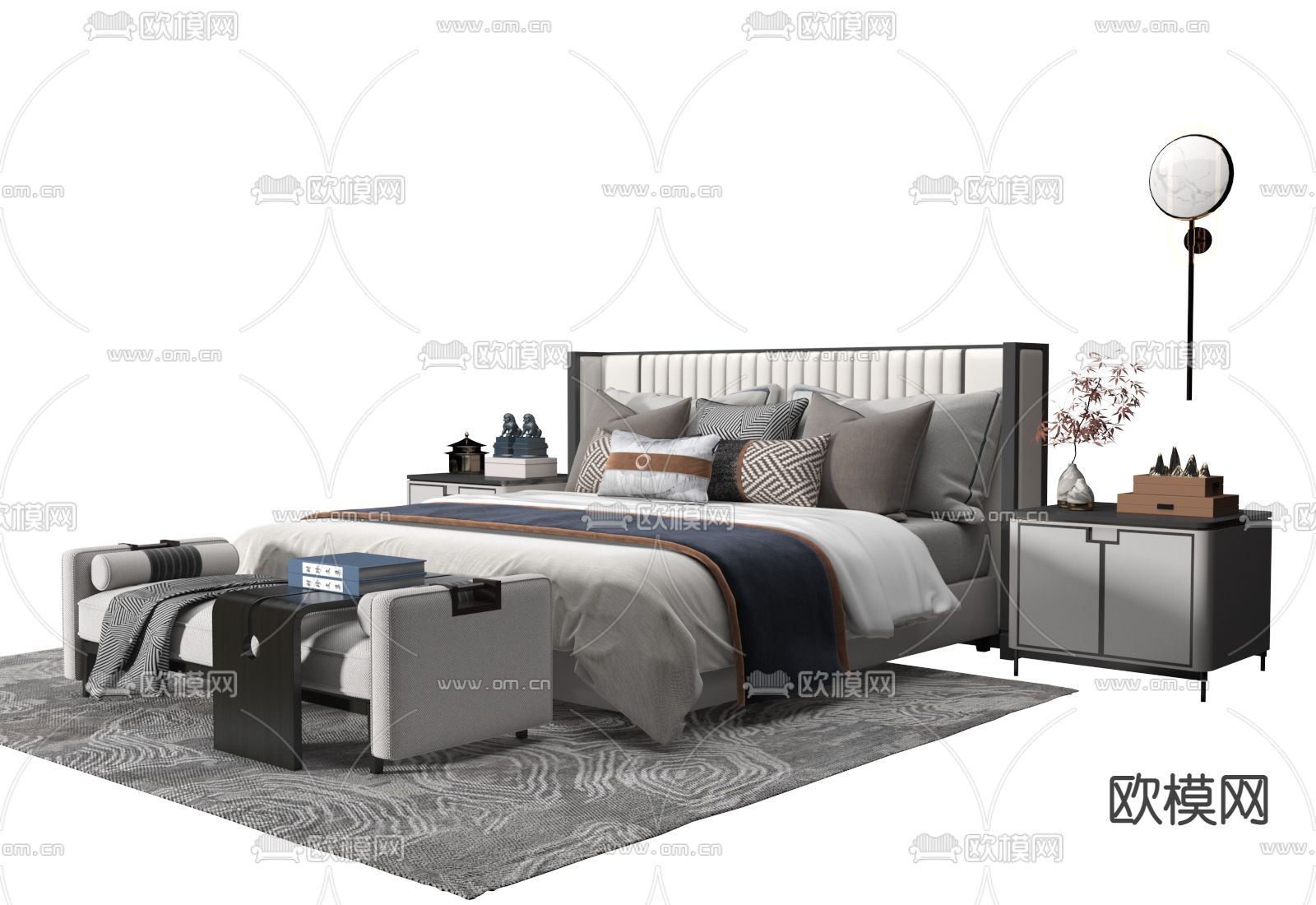 中式双人床3d模型下载（渲染图2）
