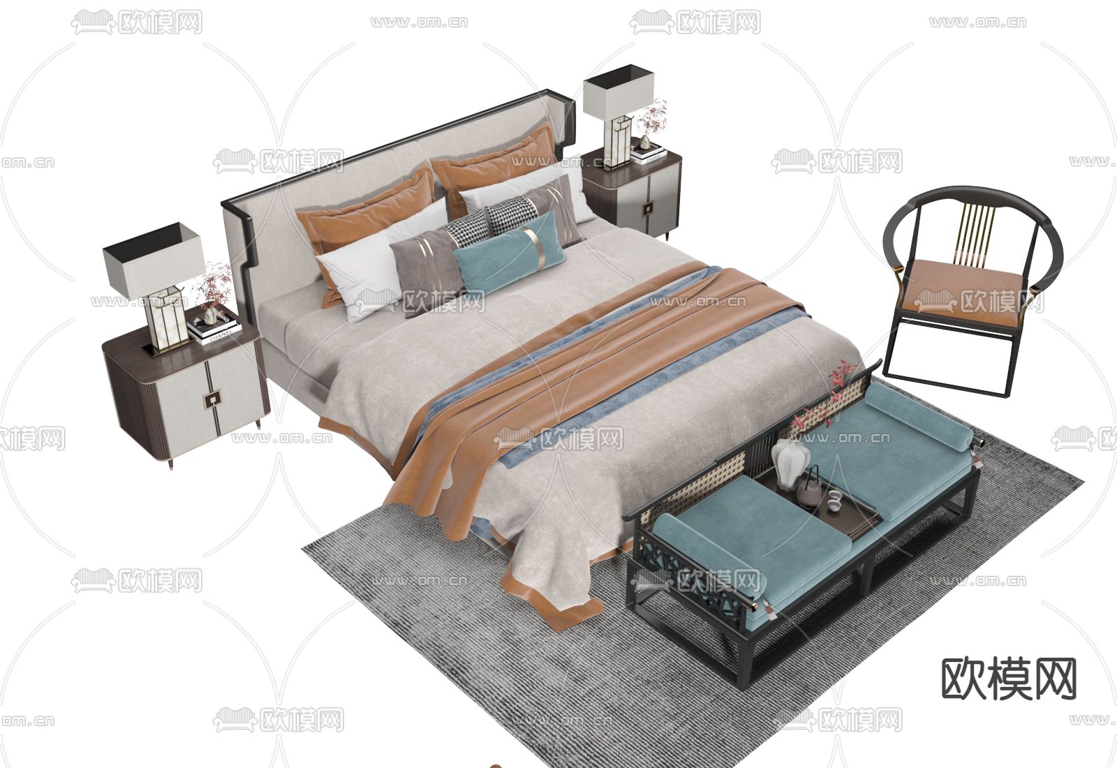 中式双人床3d模型下载（渲染图2）