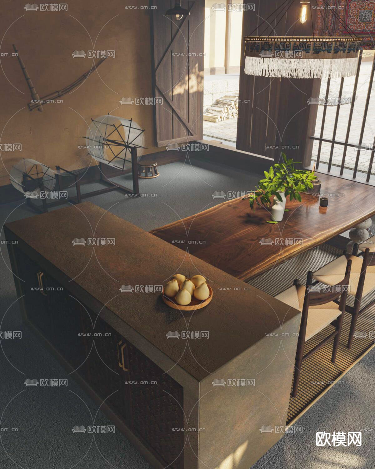 侘寂风民宿餐厅su模型下载（渲染图1）