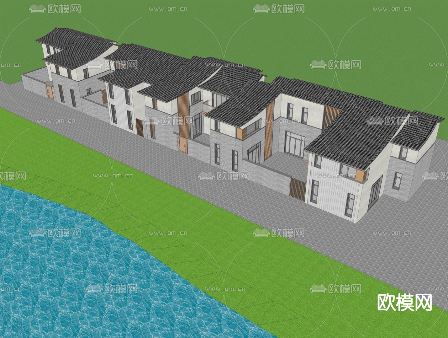 中式民宿建筑外观su模型下载（渲染图3）
