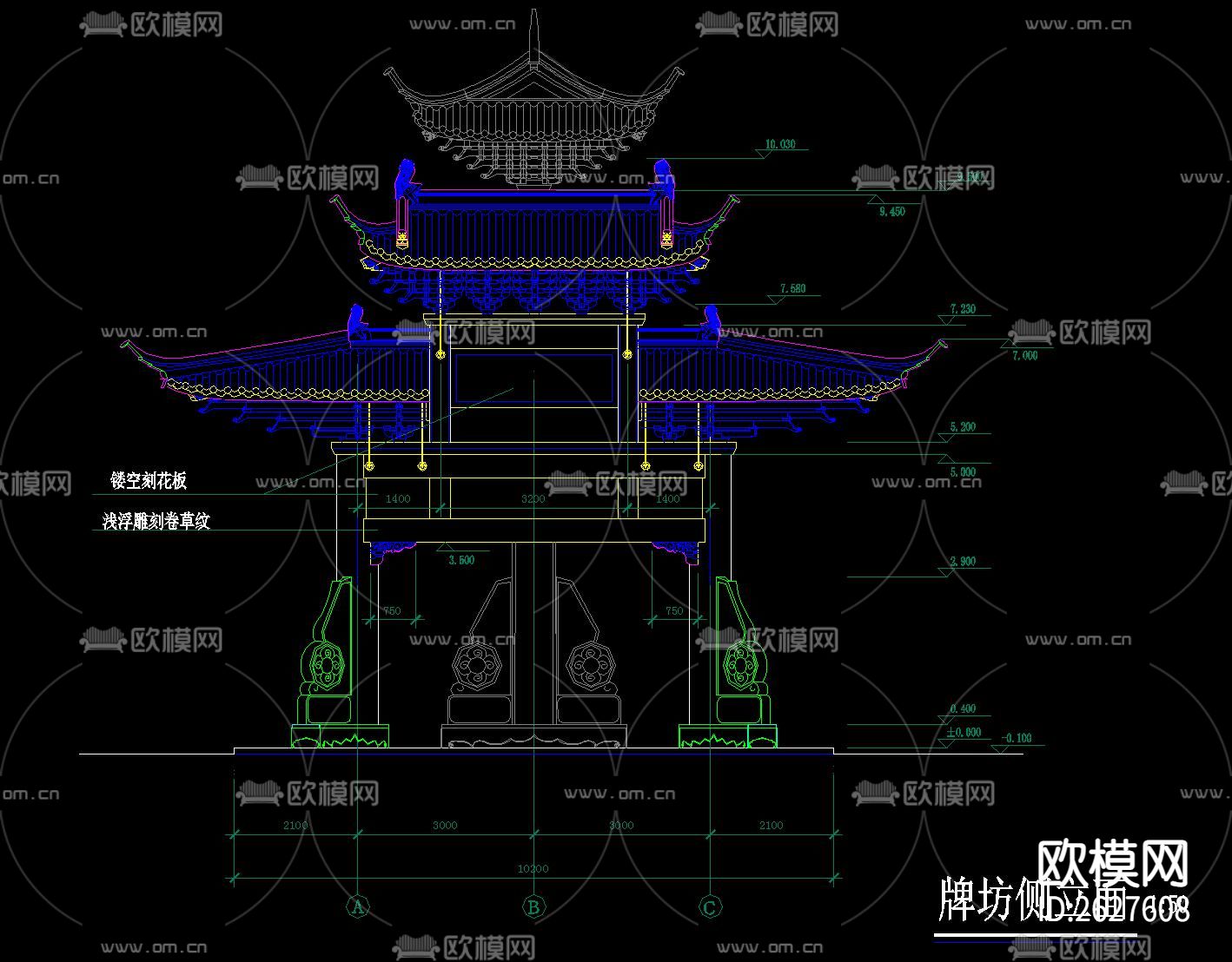 古建牌坊牌楼设计CAD施工图下载（渲染图4）