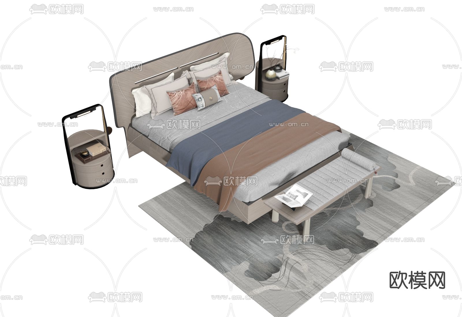 中式双人床3d模型下载（渲染图1）