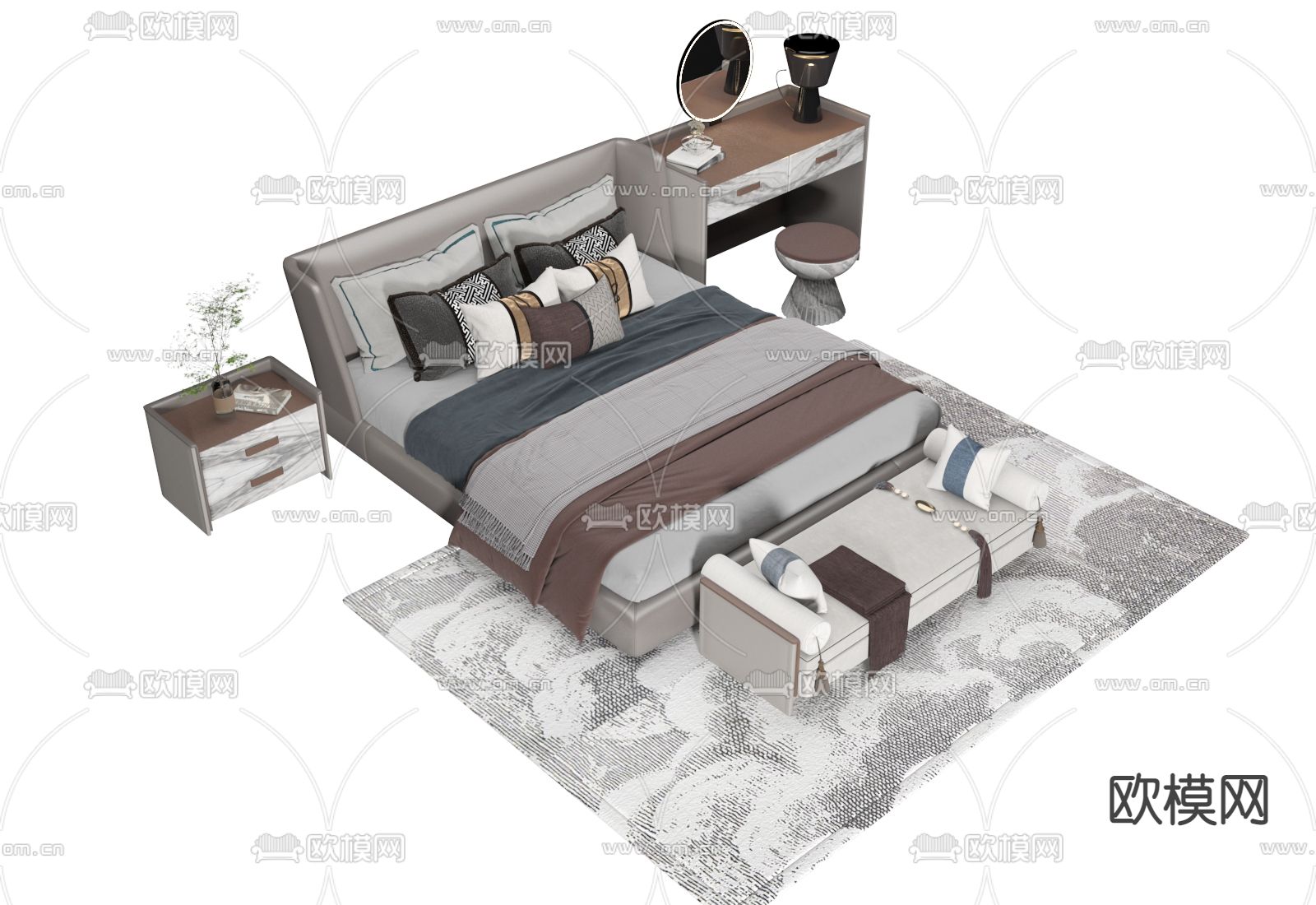 中式双人床3d模型下载（渲染图1）