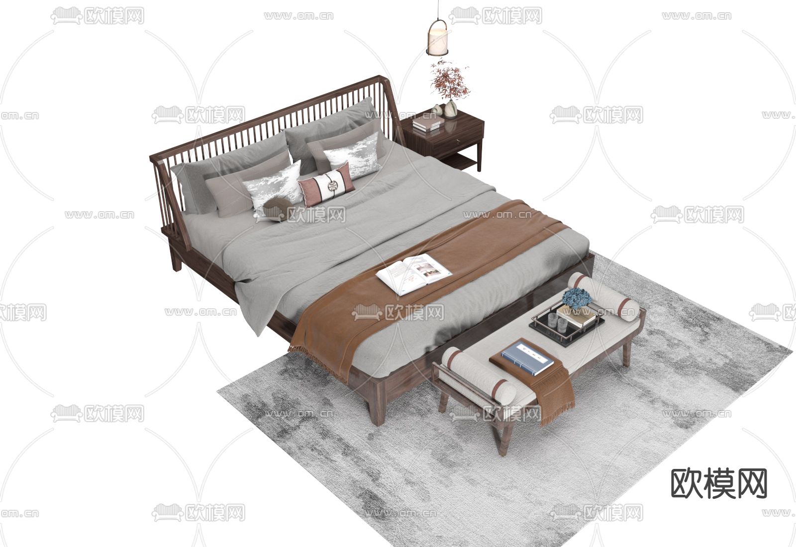 中式双人床3d模型下载（渲染图2）