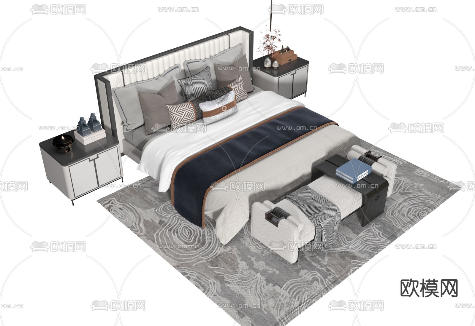 中式双人床3d模型下载（渲染图1）