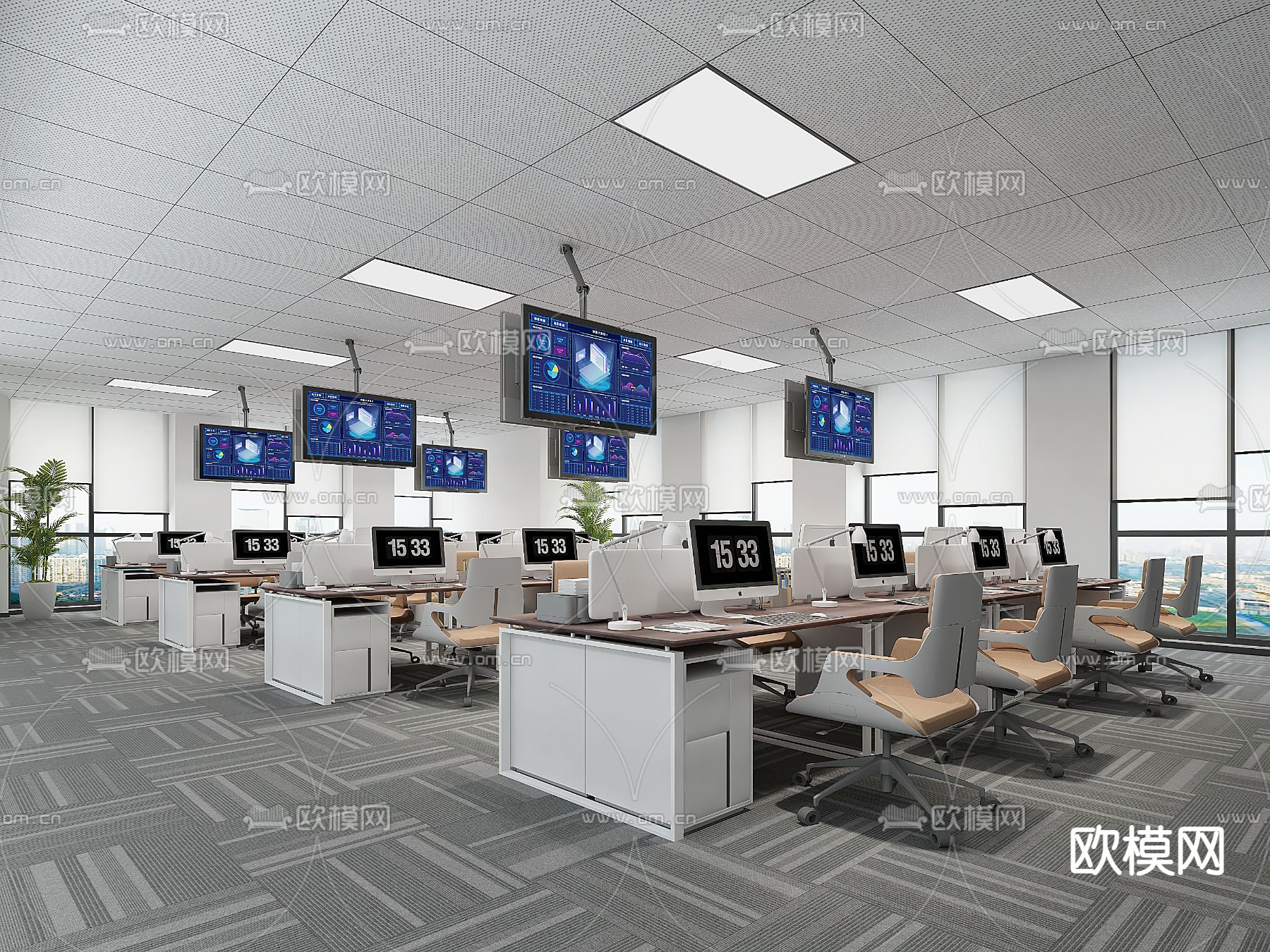 敞开式办公区 办公室su模型下载（渲染图1）