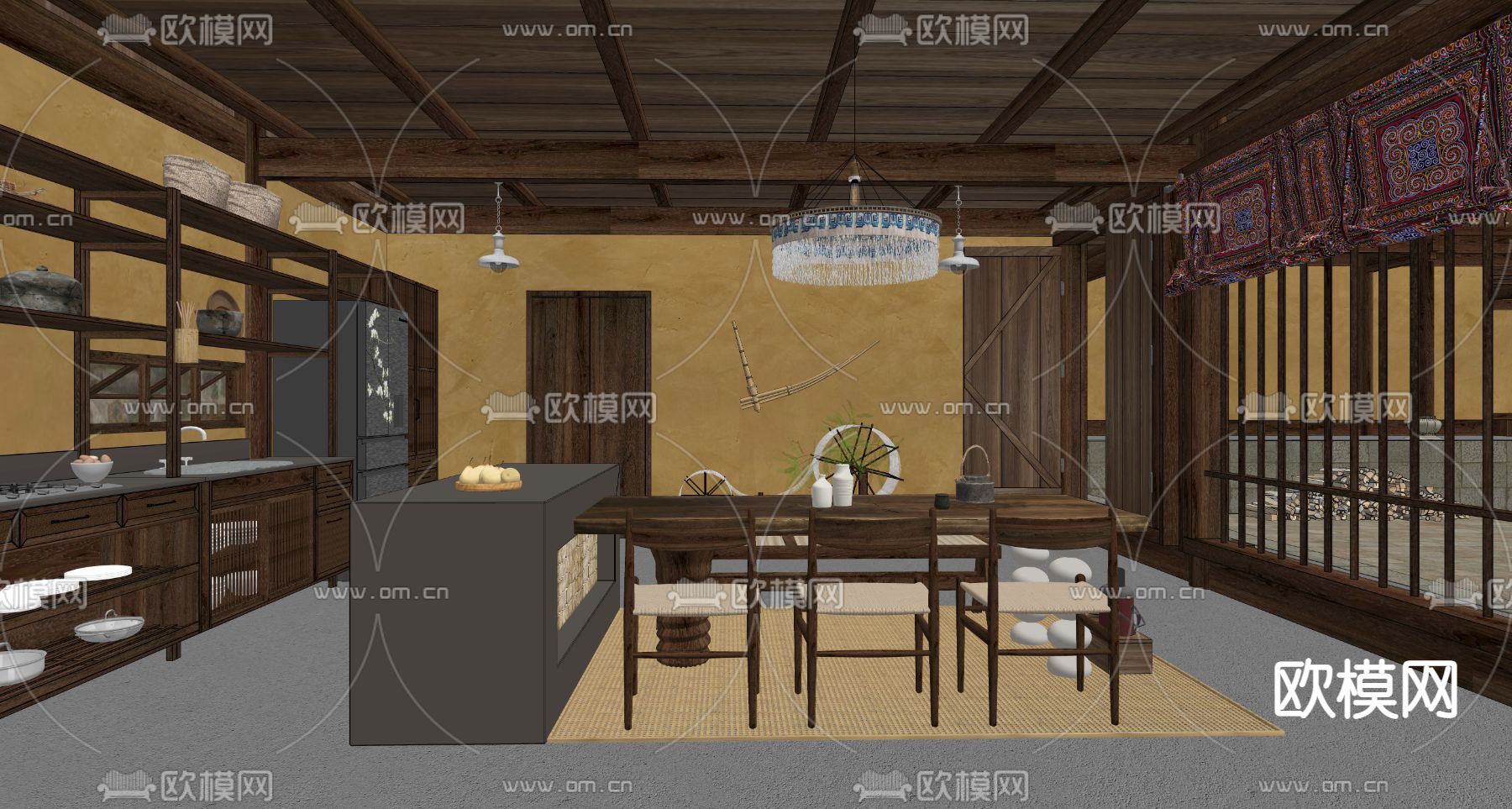 侘寂风民宿餐厅su模型下载（渲染图3）