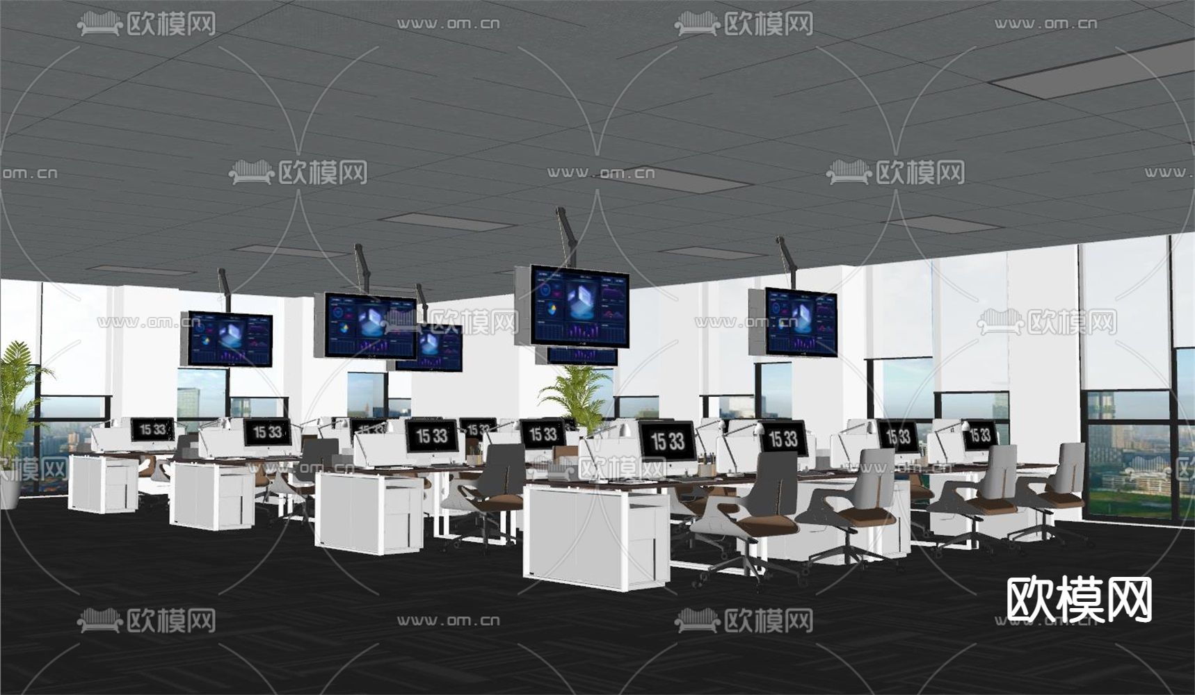 敞开式办公区 办公室su模型下载（渲染图2）