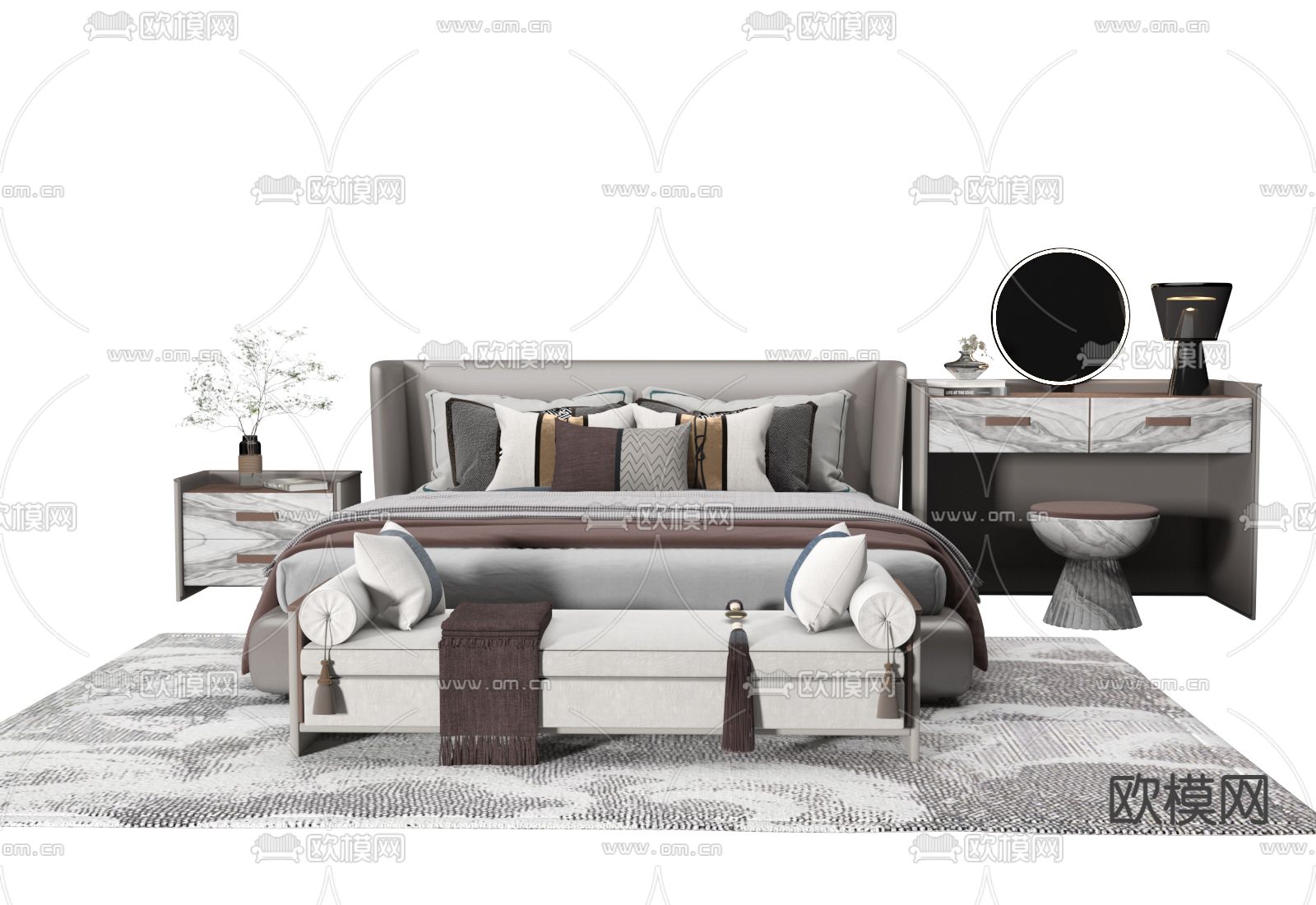 中式双人床3d模型下载（渲染图2）