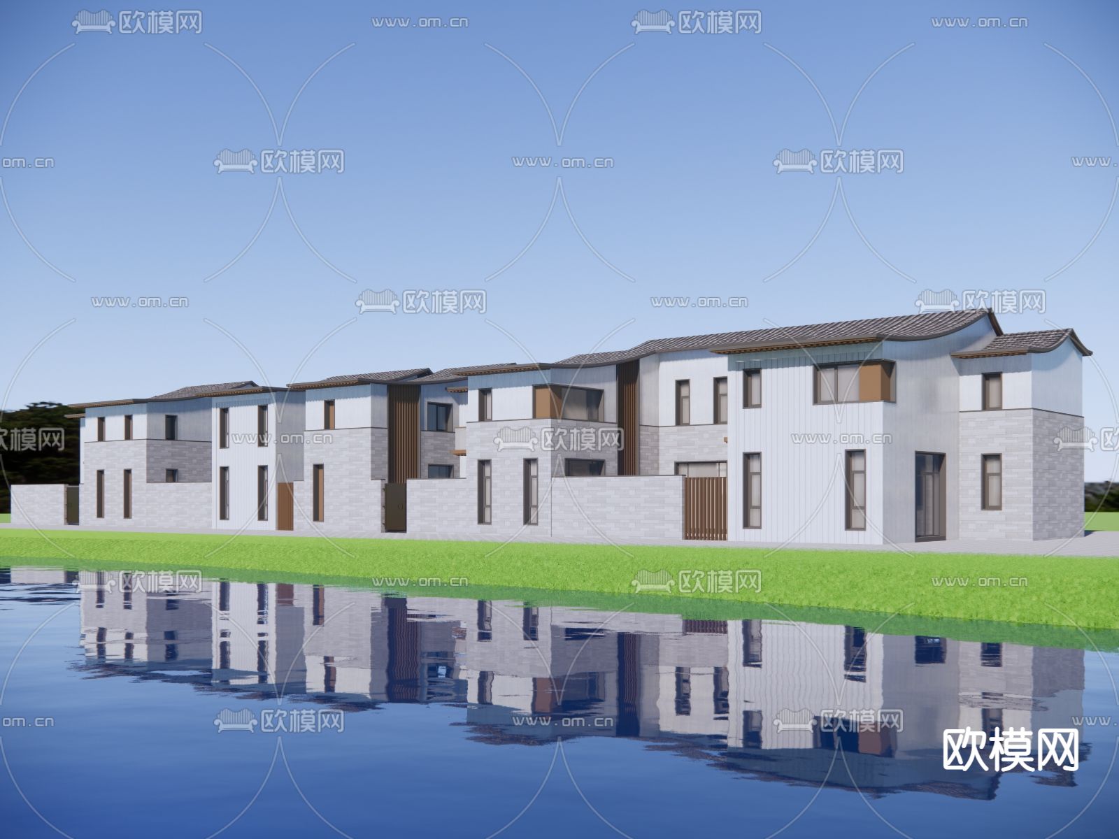 中式民宿建筑外观su模型下载（渲染图1）