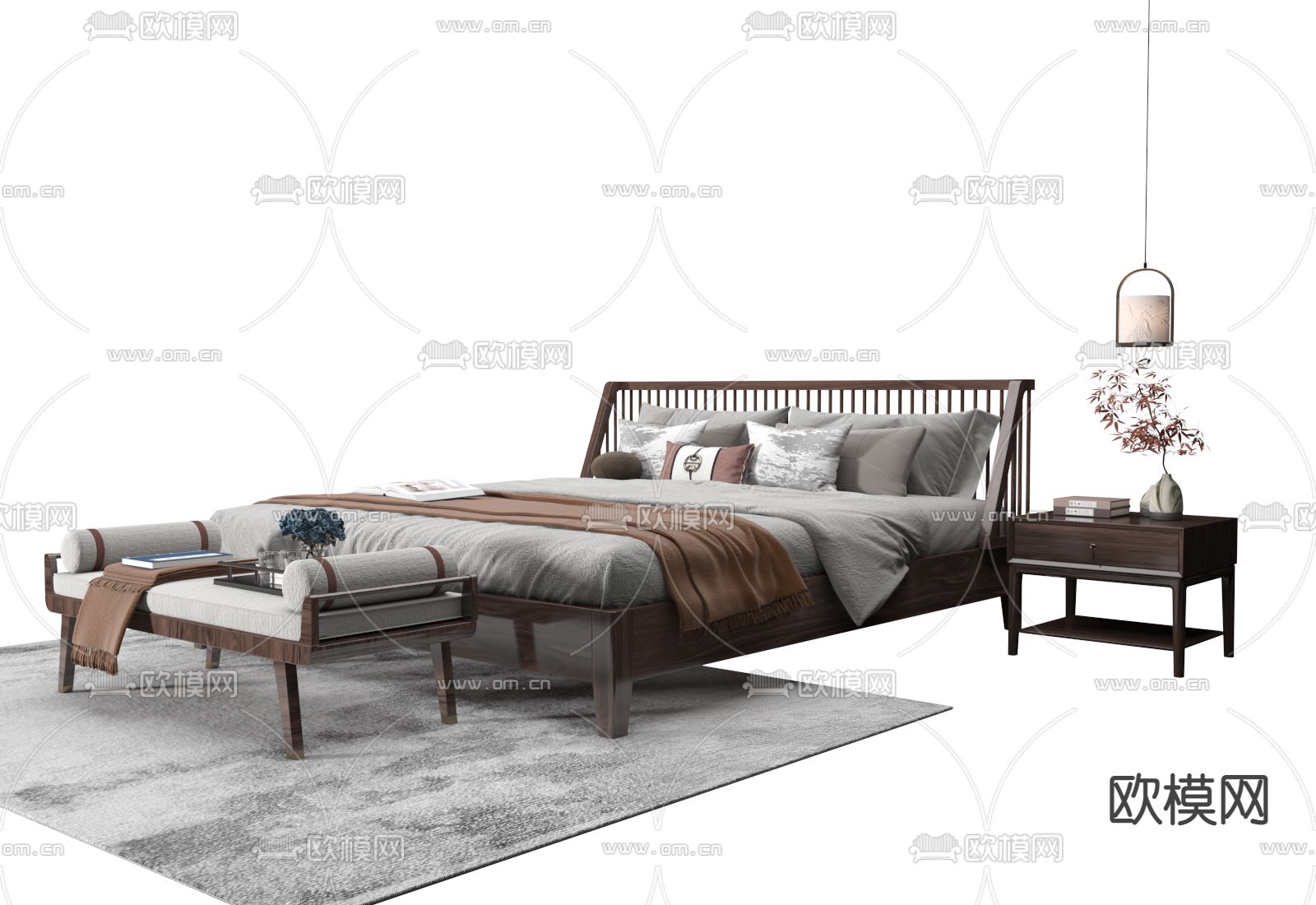 中式双人床3d模型下载（渲染图1）