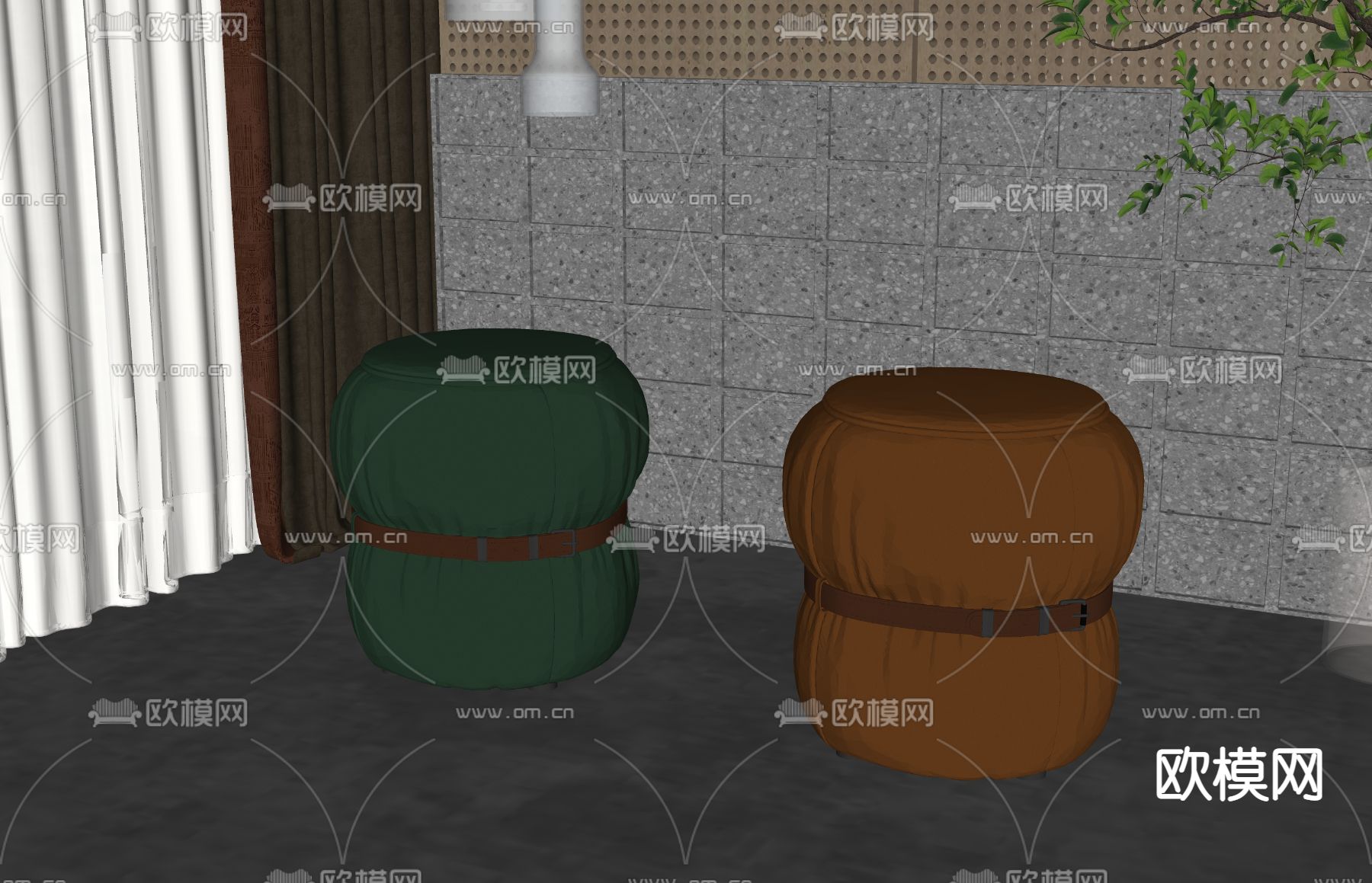 简欧沙发凳 圆凳su模型下载（渲染图2）