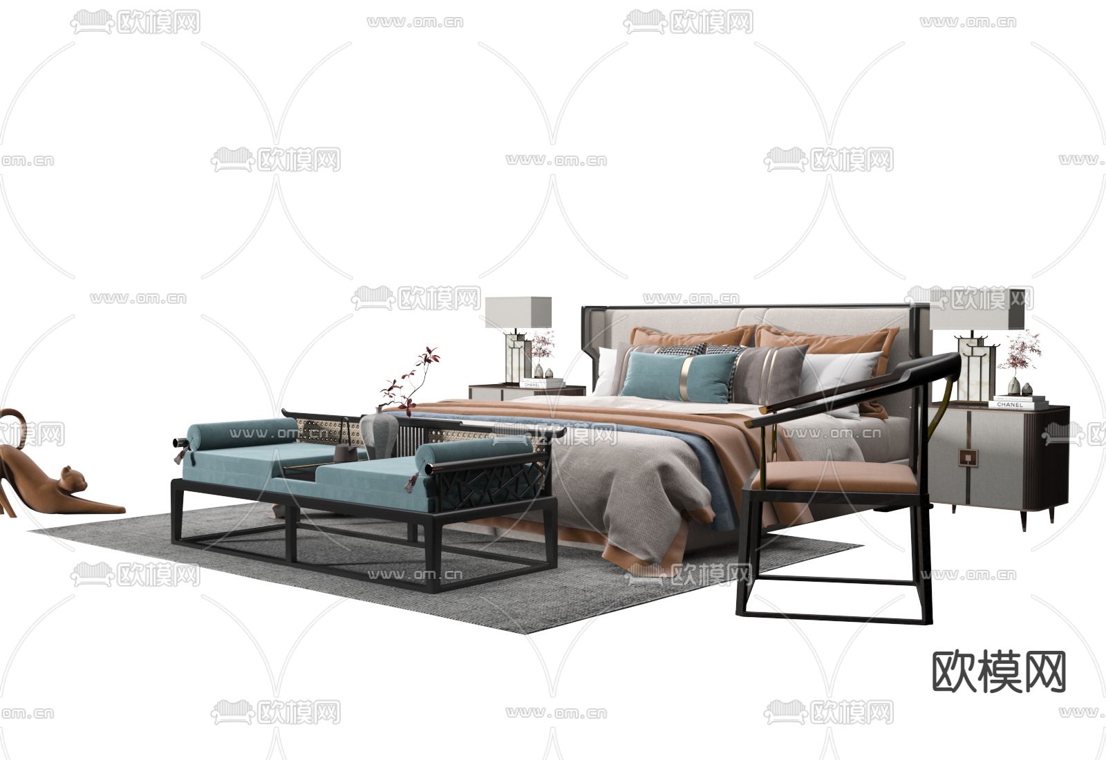 中式双人床3d模型下载（渲染图1）