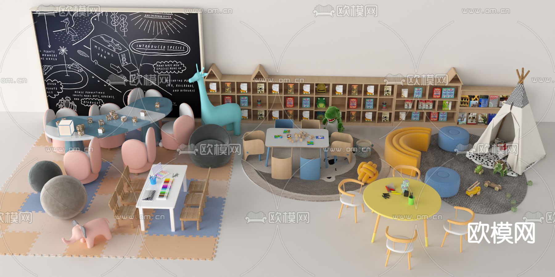 儿童桌椅 书架 黑板墙3d模型下载