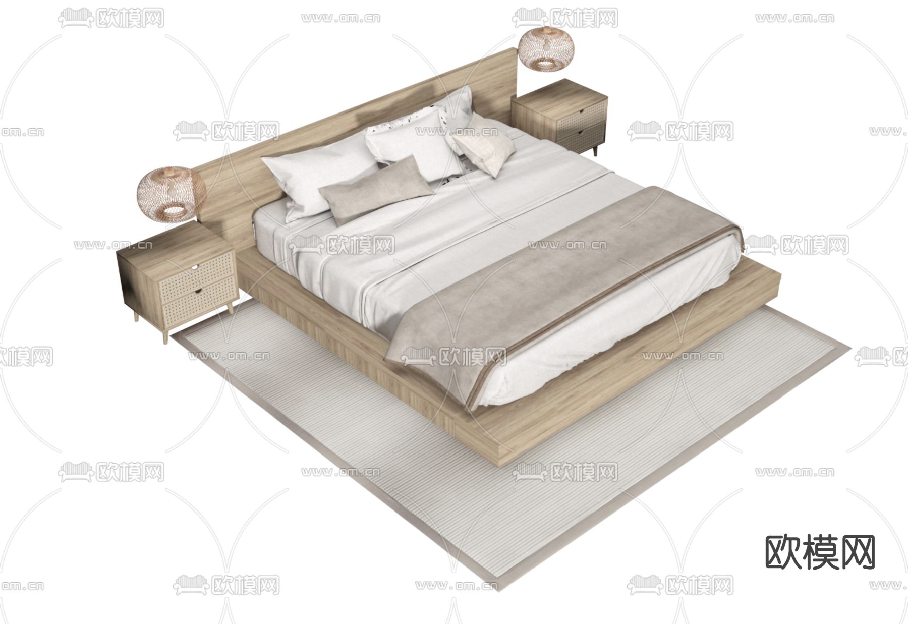 侘寂双人床3d模型下载（渲染图1）