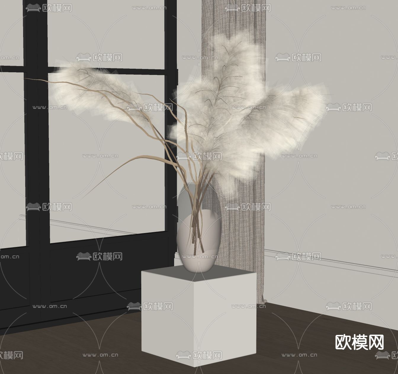 侘寂芦苇 干枝 插花 花瓶su模型