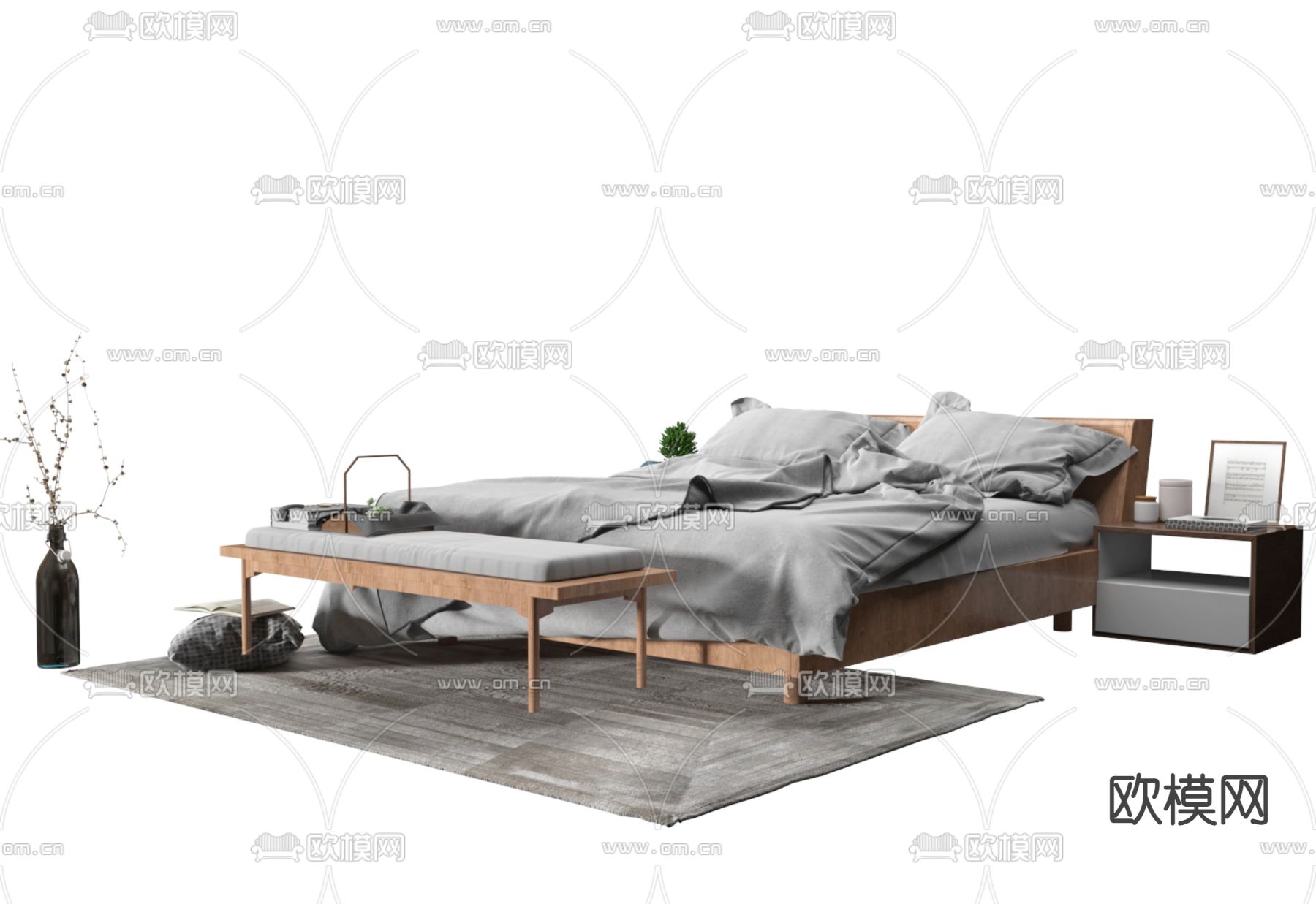 现代双人床3d模型下载（渲染图2）