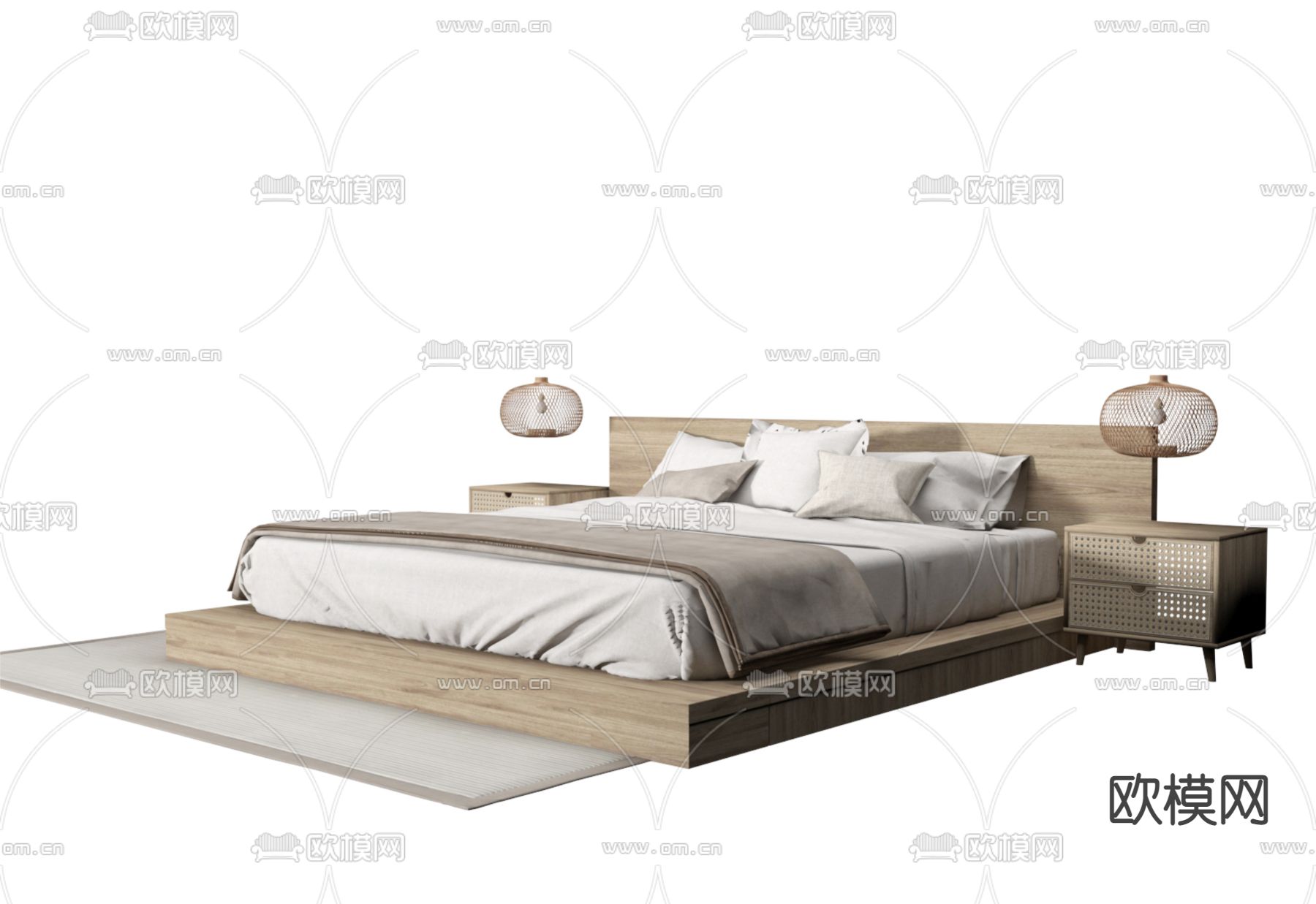 侘寂双人床3d模型下载（渲染图2）