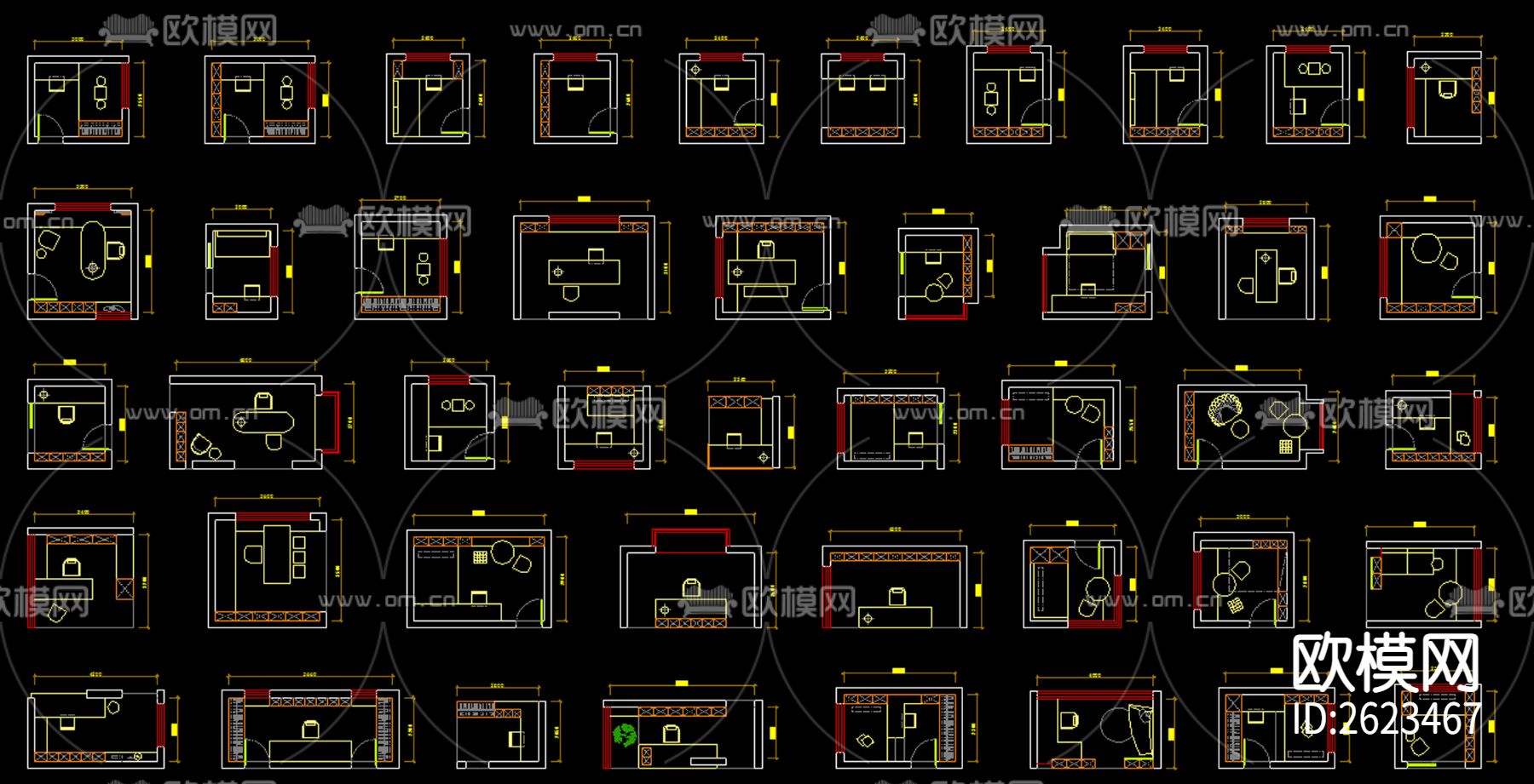 100个书房布局CAD施工图下载（渲染图1）