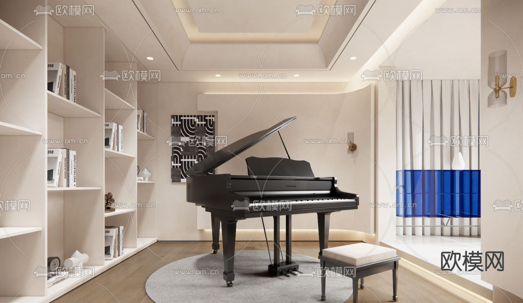 奶油风钢琴室 琴房su模型下载（渲染图1）