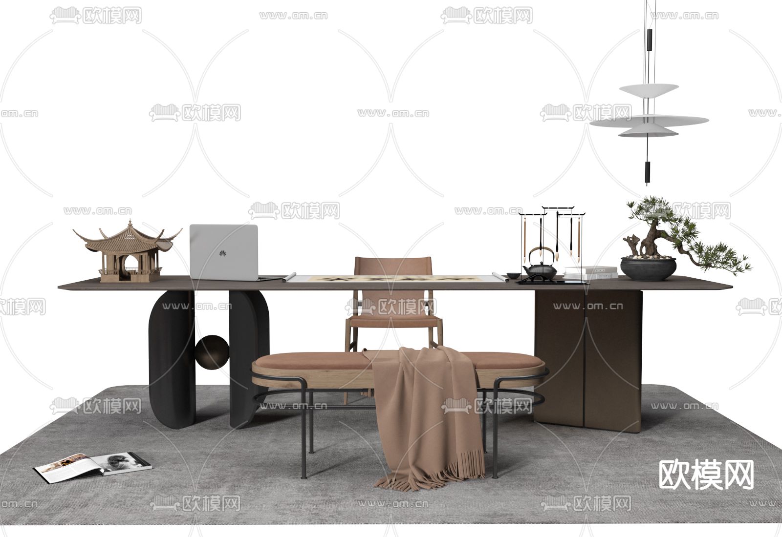 中式书桌椅3d模型下载（渲染图1）