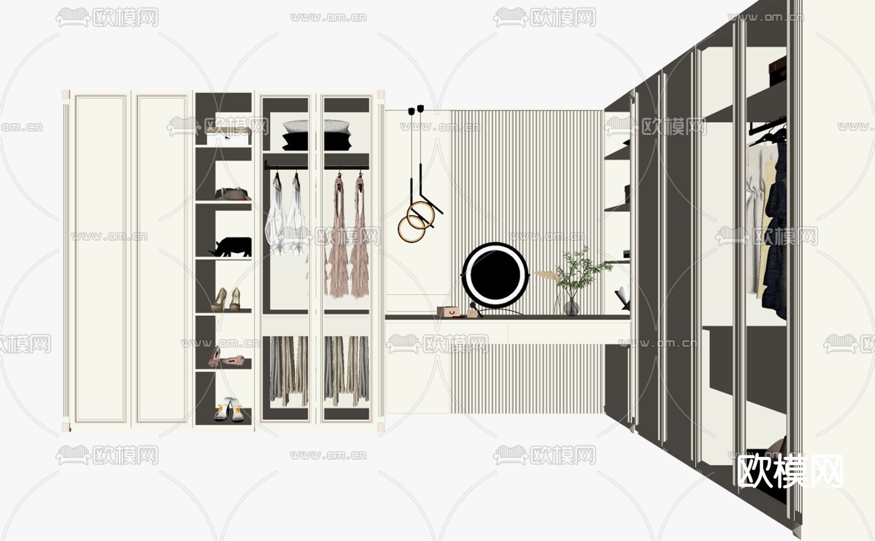 简欧衣帽间 一体式衣柜su模型下载（渲染图2）
